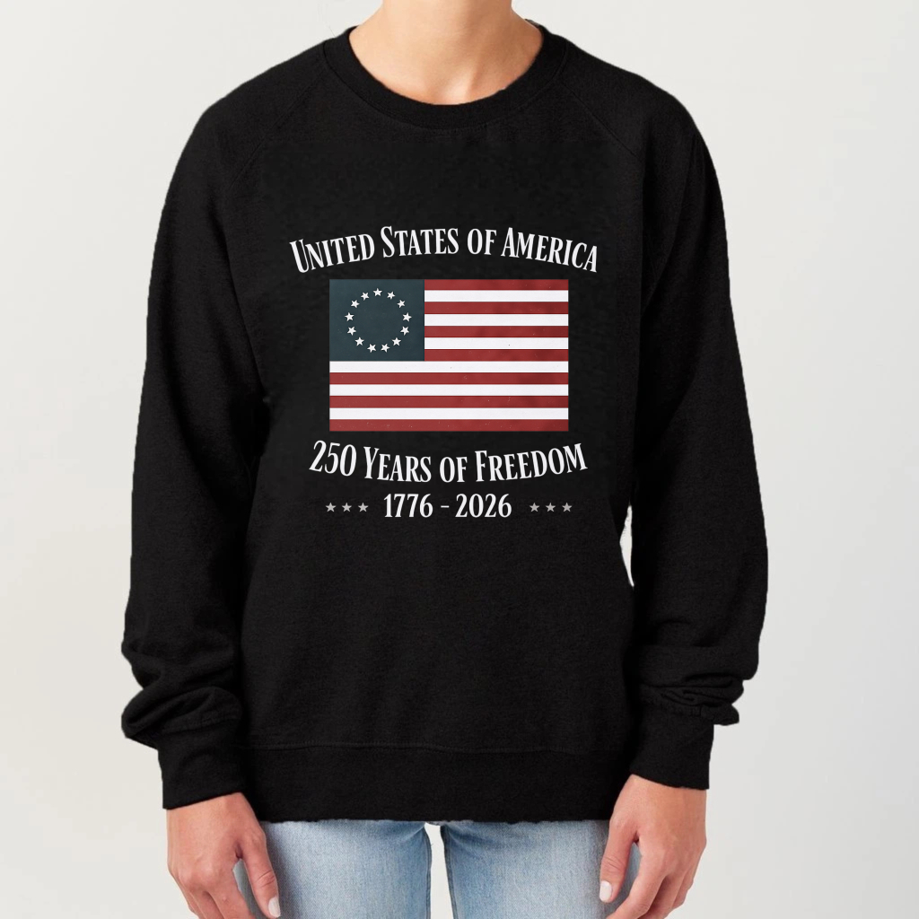 United States Of America 250 Years Of Freedom 1776 2026 Flag Sweatshirt Black Crewneck Pullover Long Sleeve Unisex Adult Apparel