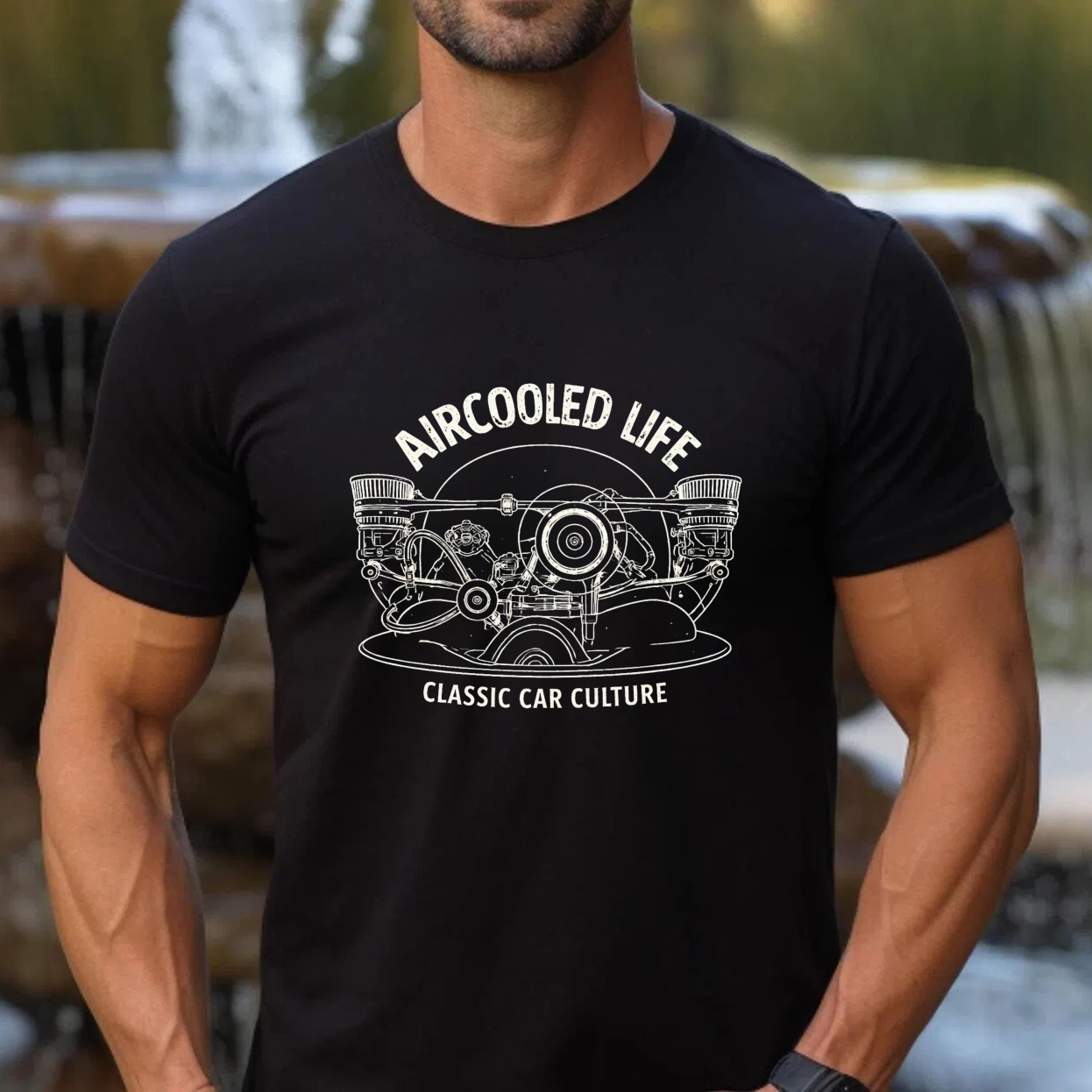 Aircooled Life Classic Car Culture T-Shirt Vintage Automotive Engine Design Black Men's Tee
