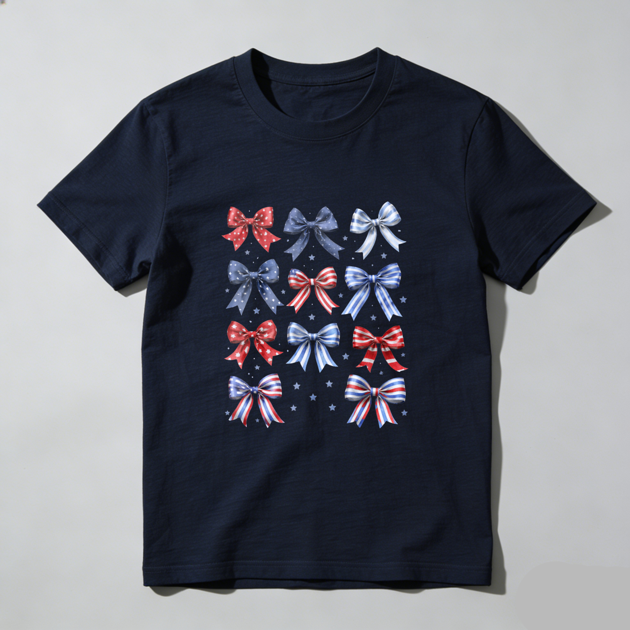 TEECURENT Patriotic Bow Pattern T-Shirt Red White And Blue Stars Design American Flag Inspired Casual Top WOMEN