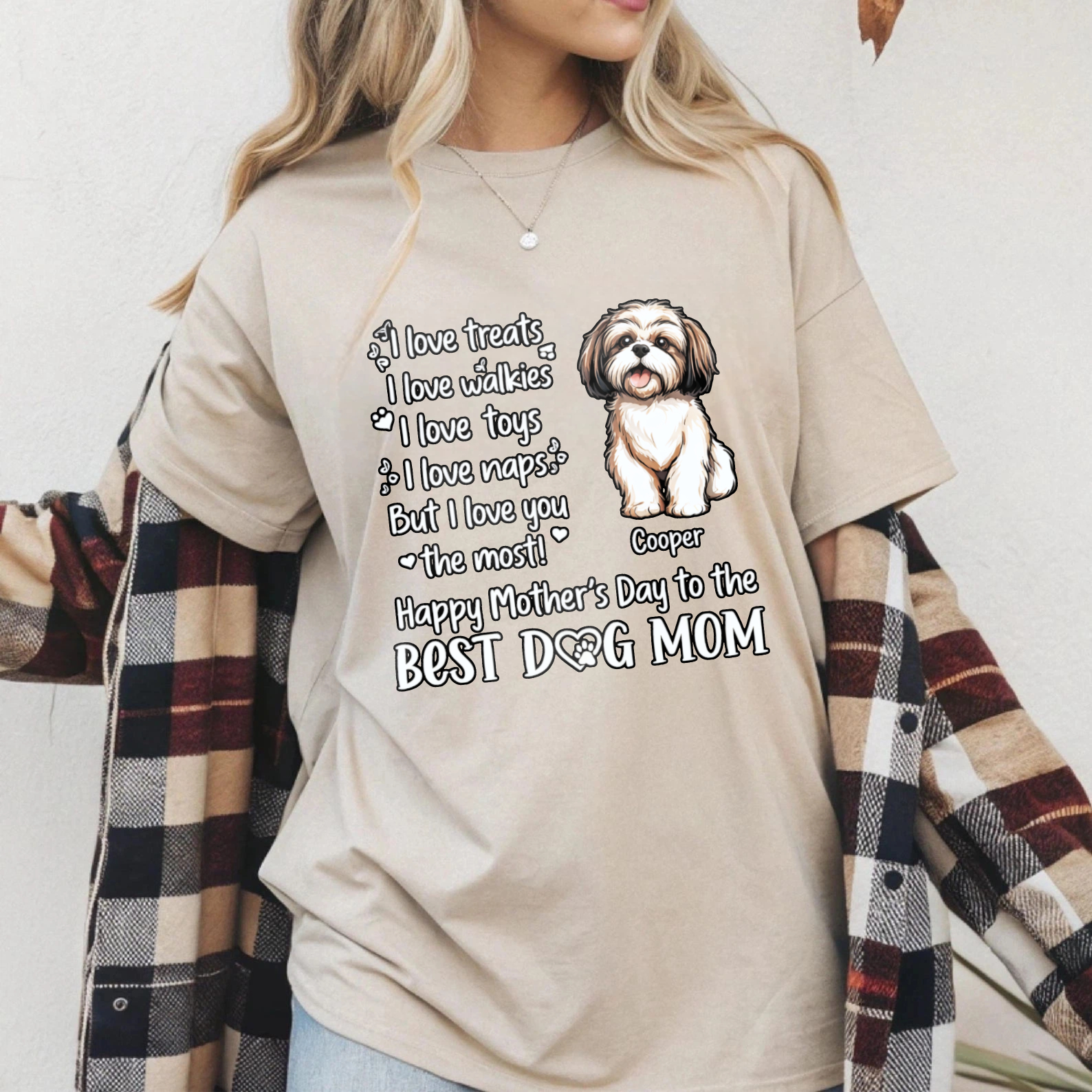 TEECURENT Happy Mothers Day To The Best Dog Mom T Shirt With Shih Tzu Design And Personalized Name Cooper I Love Treats Walkies Toys Naps But I Love You The Most Gift For Dog Lover WOMEN