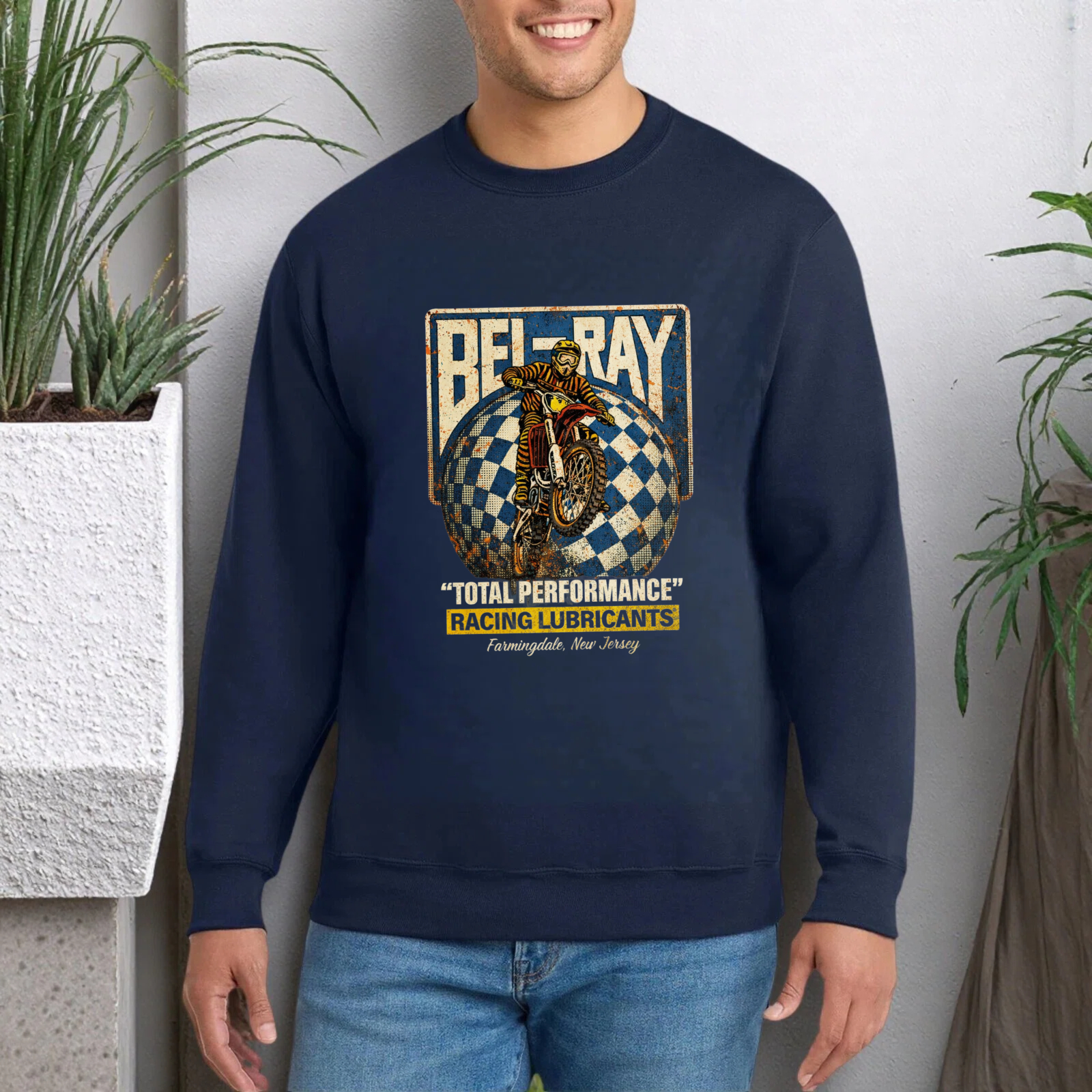 TEECURENT Bel Bay Total Performance Racing Lubricants Motorcycle Sweatshirt Classic Retro Design Black Crewneck Pullover