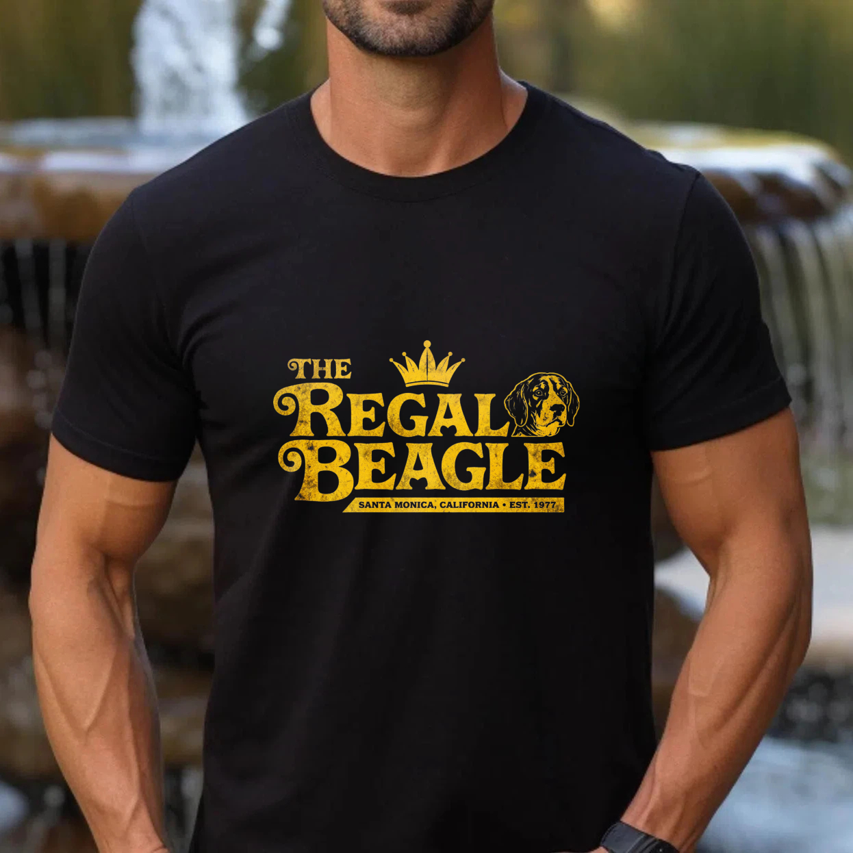 TEECURENT The Regal Beagle T-Shirt Santa Monica California Established 1977 Dog Lover Gift Golden Crown Design Black Men Women Unisex Apparel