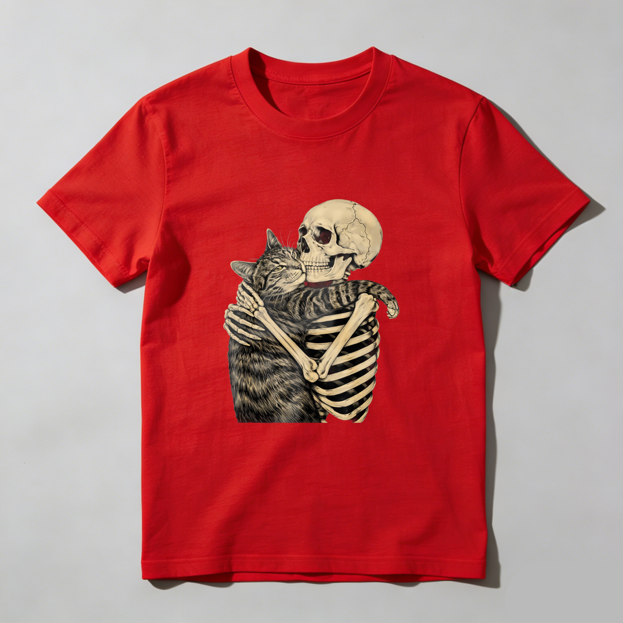 TEECURENT Skeleton Hugging Cat Graphic T Shirt Black Unisex Design Artistic Print Casual Wear