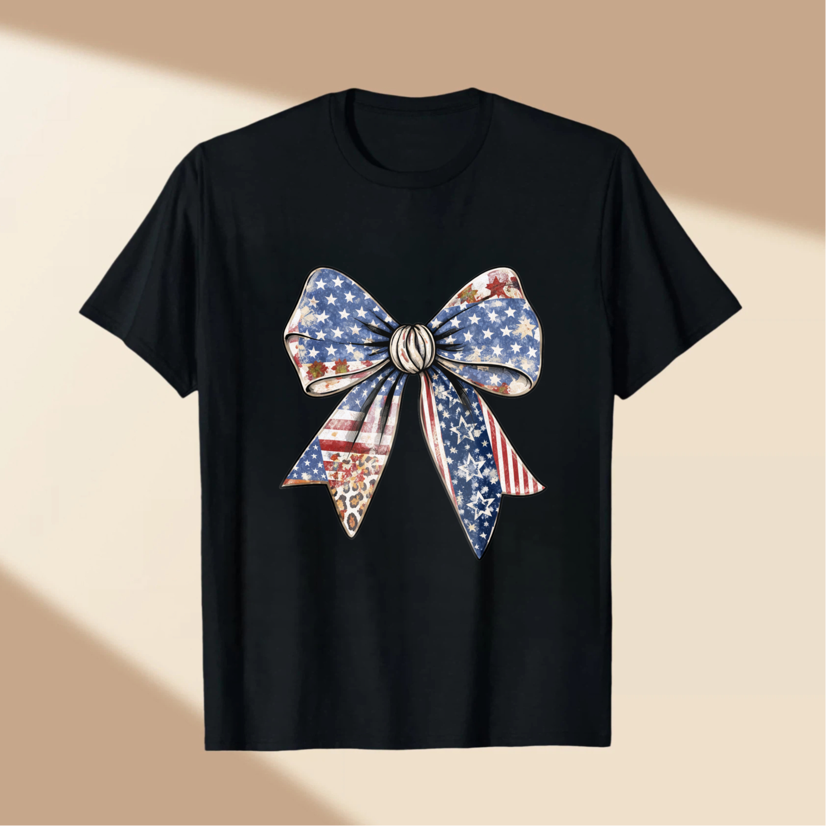 TEECURENT Patriotic American Flag Bow T-Shirt With Stars And Stripes Design For Independence Day Celebration WOMEN