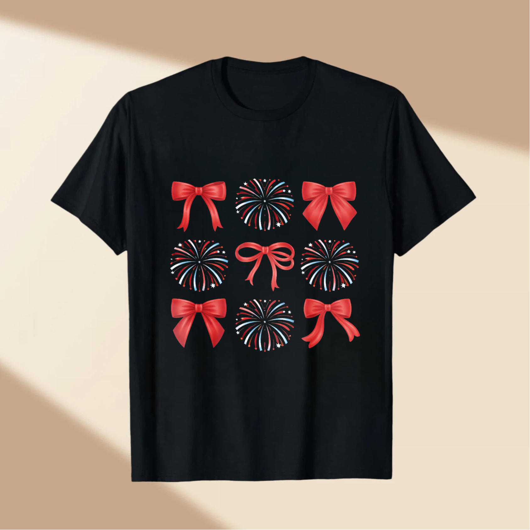 TEECURENT Patriotic Fireworks And Red Bows Design T Shirt For Independence Day Celebration WOMEN