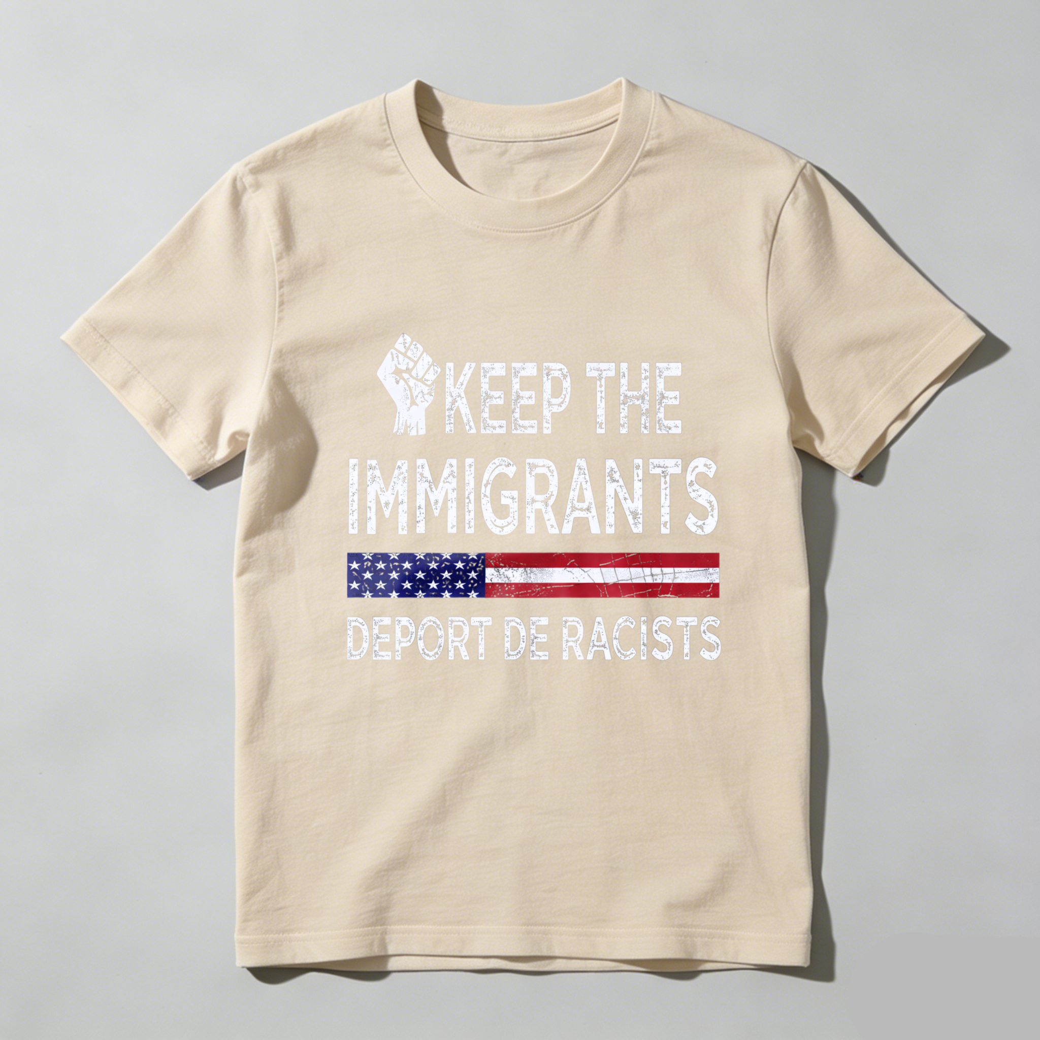 TEECURENTKeep The Immigrants Deport De Racists American Flag T Shirt With Fist Symbol For Social Justice And Equality-TeeCurent