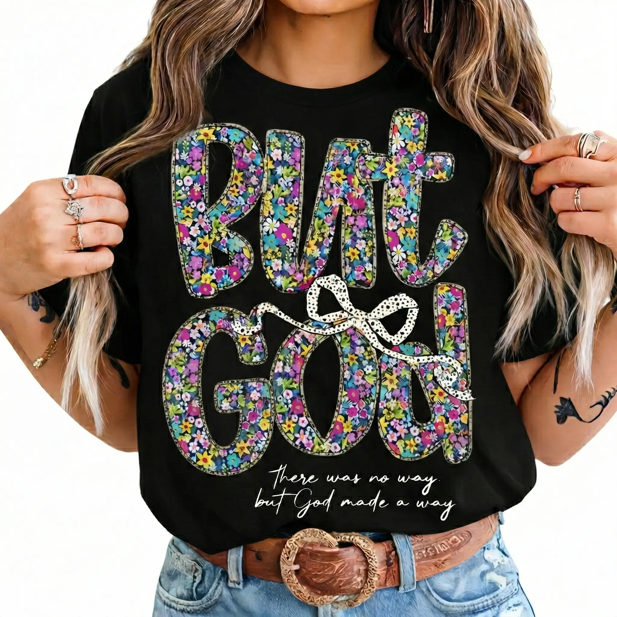 But God Floral Print Cotton Christian T-Shirt