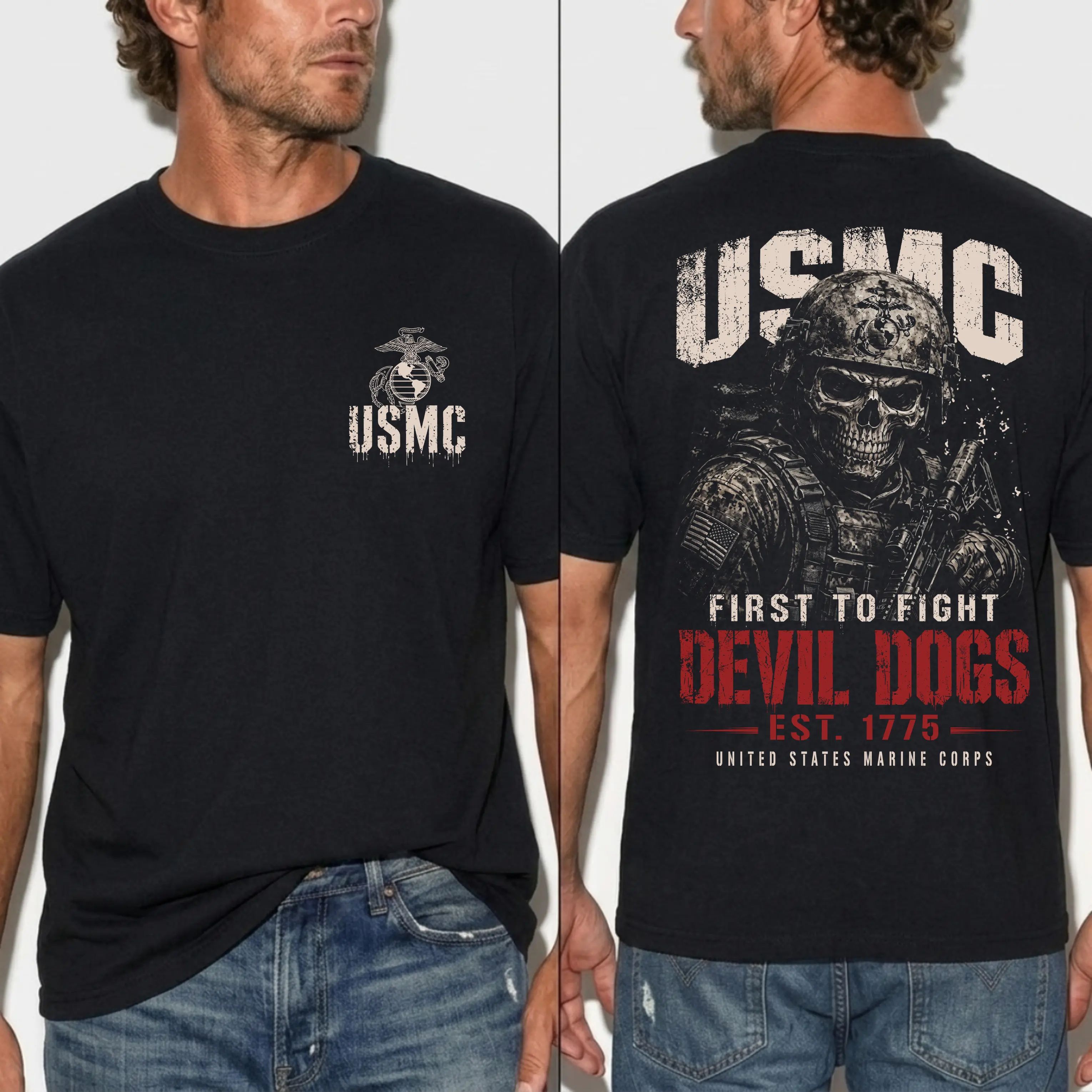 USMC Devil Dogs First To Fight Skull Warrior Graphic T-shirt