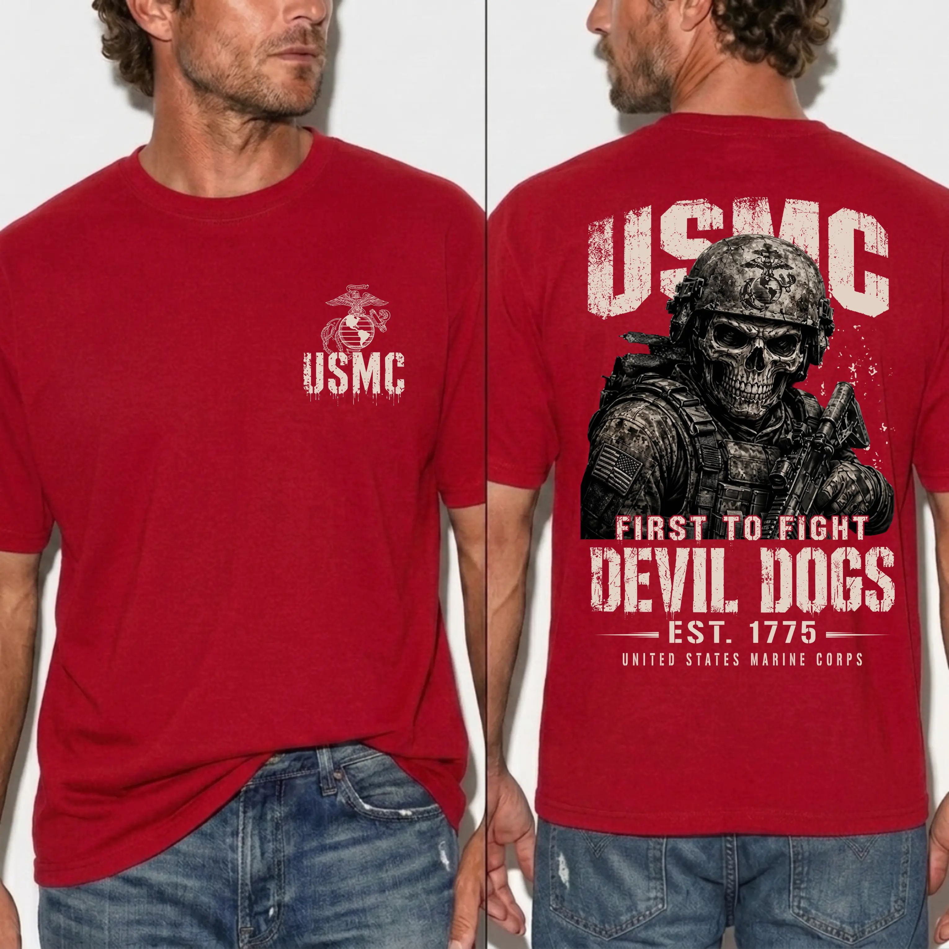 USMC Devil Dogs First To Fight Skull Warrior Graphic T-shirt