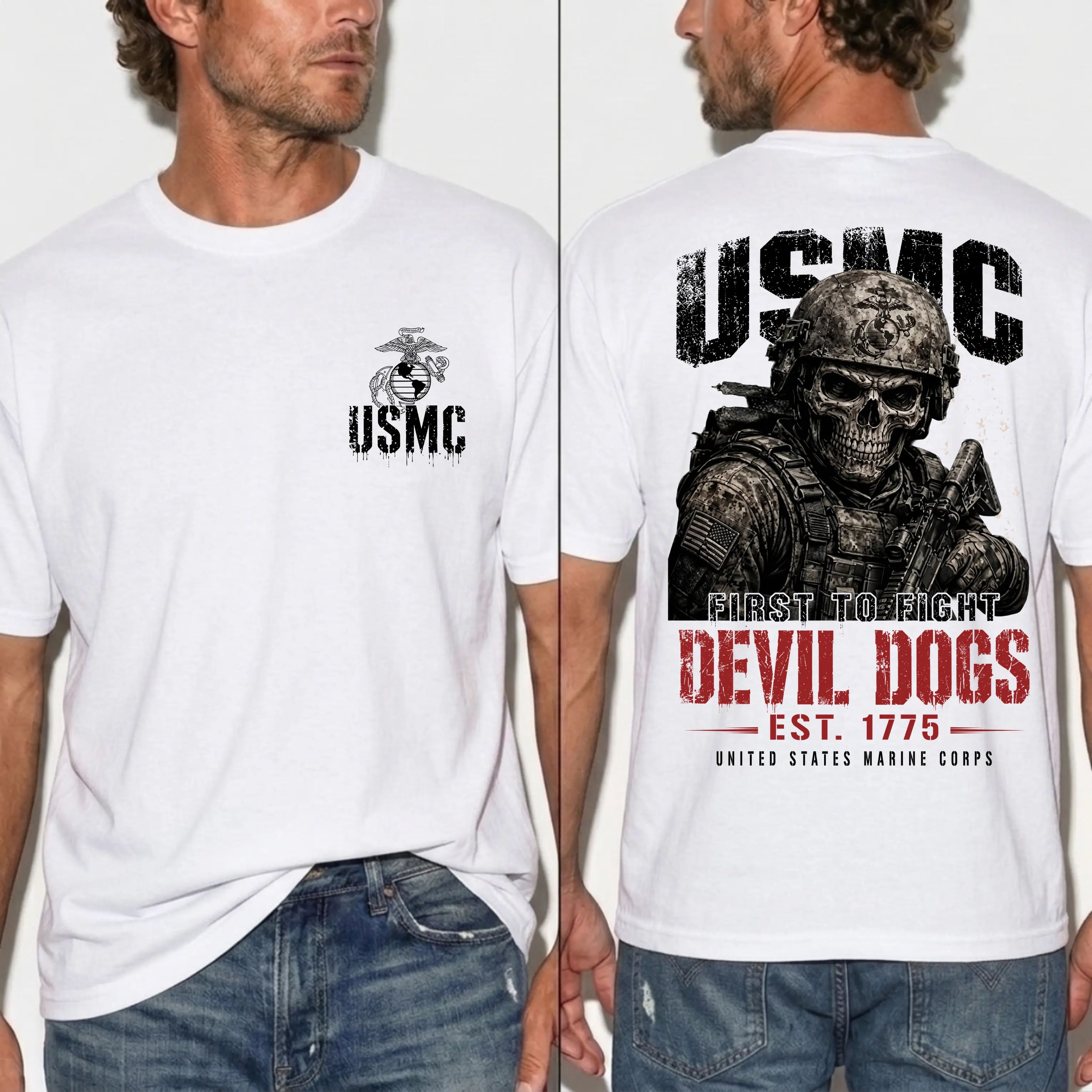USMC Devil Dogs First To Fight Skull Warrior Graphic T-shirt