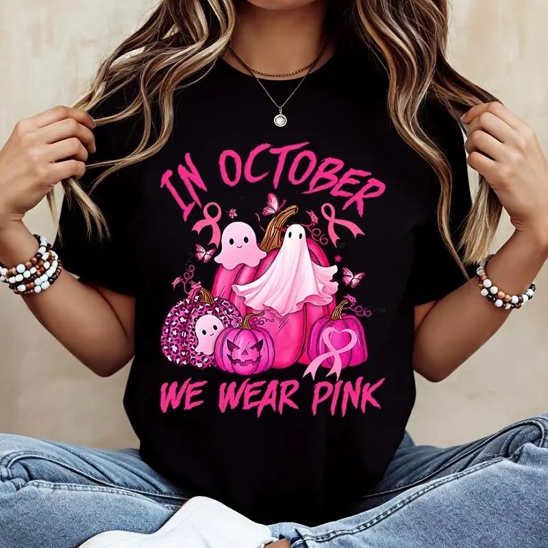 In October We Wear Pink Ghost Pumpkin Print T-Shirt, Breast Cancer Awareness Halloween Shirt