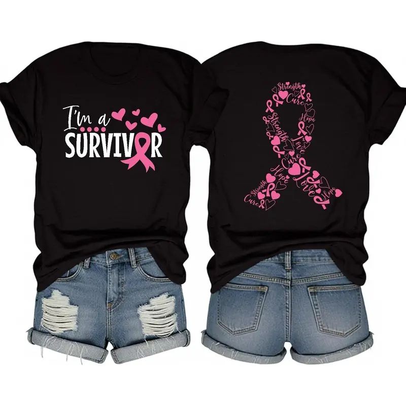 Women's Pink Ribbon & Heart T-shirt, Breast Cancer Awareness Shirt