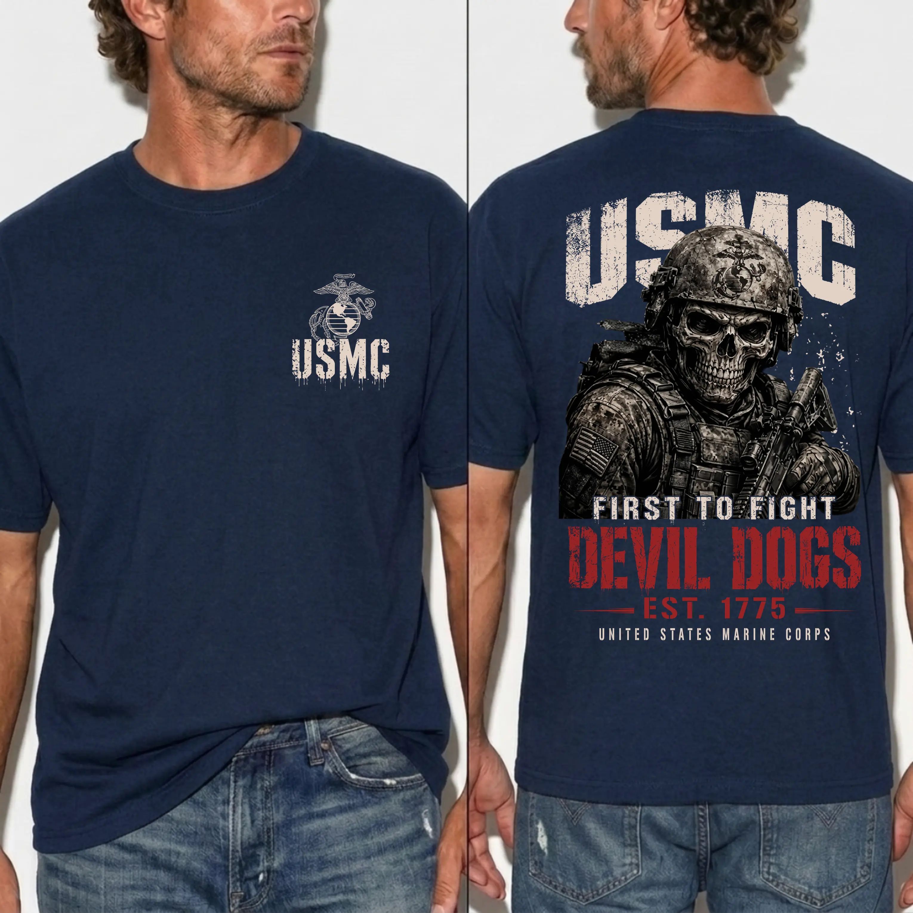 USMC Devil Dogs First To Fight Skull Warrior Graphic T-shirt