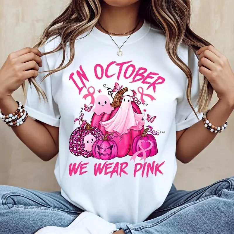 In October We Wear Pink Ghost Pumpkin Print T-Shirt, Breast Cancer Awareness Halloween Shirt