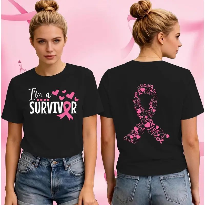 Women's Pink Ribbon & Heart T-shirt, Breast Cancer Awareness Shirt