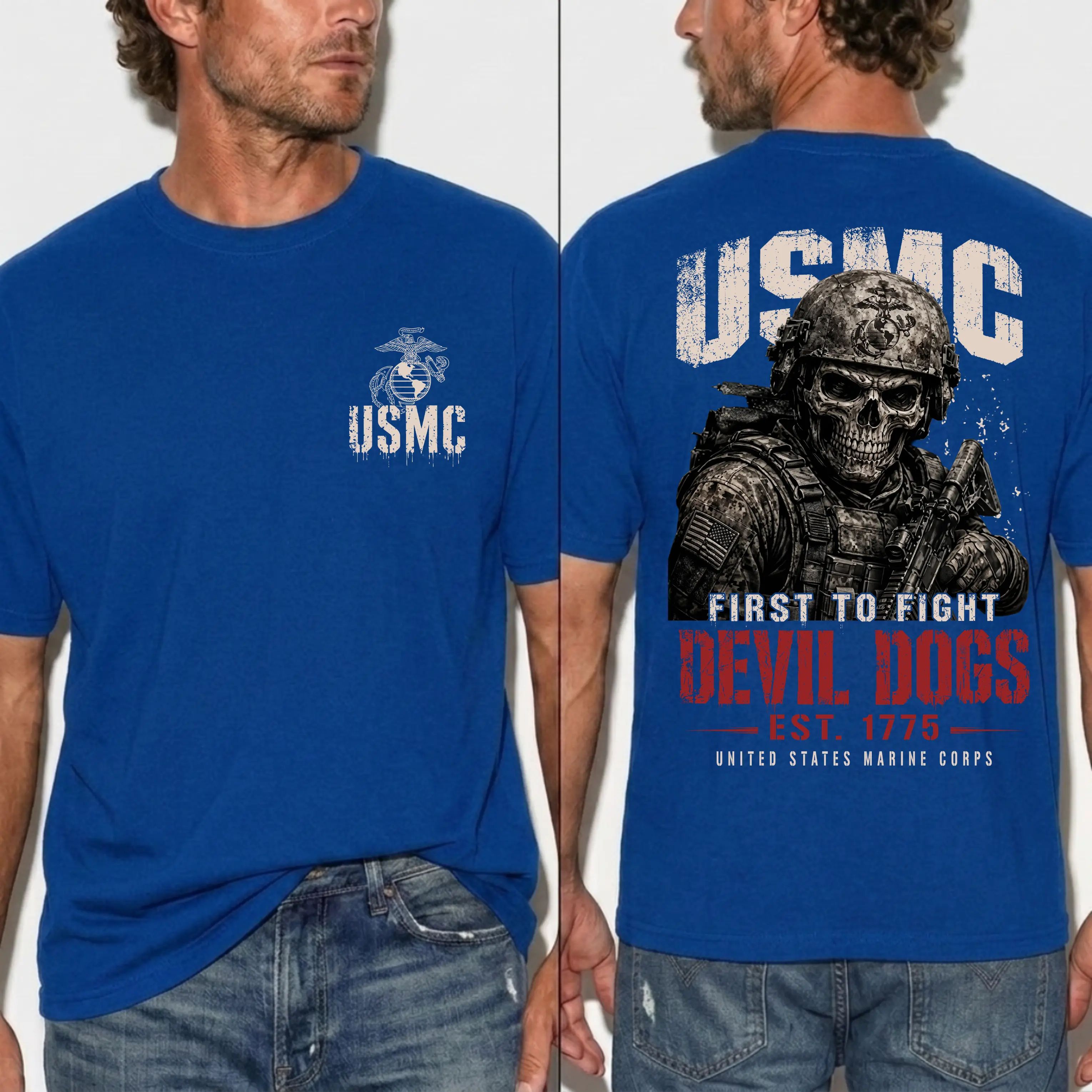 USMC Devil Dogs First To Fight Skull Warrior Graphic T-shirt