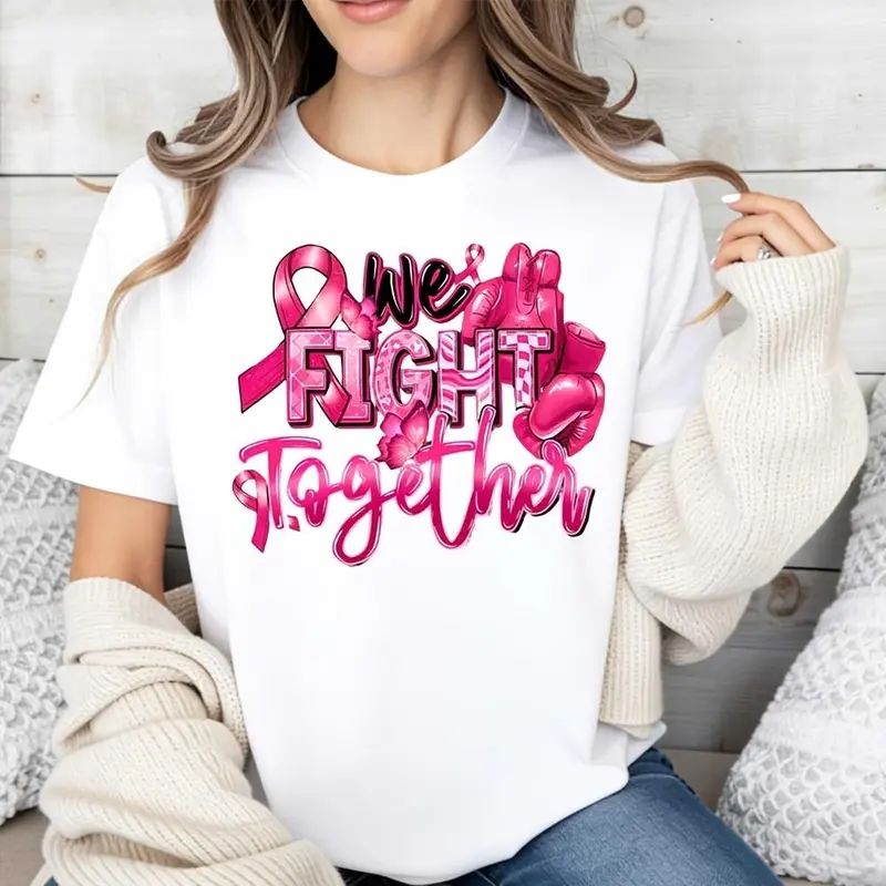 We Fight Together Pink Ribbon Boxing Gloves Print T-Shirt, Breast Cancer Awareness Support Shirt