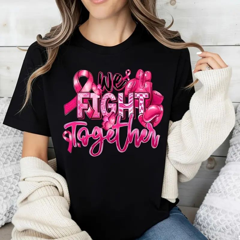 We Fight Together Pink Ribbon Boxing Gloves Print T-Shirt, Breast Cancer Awareness Support Shirt