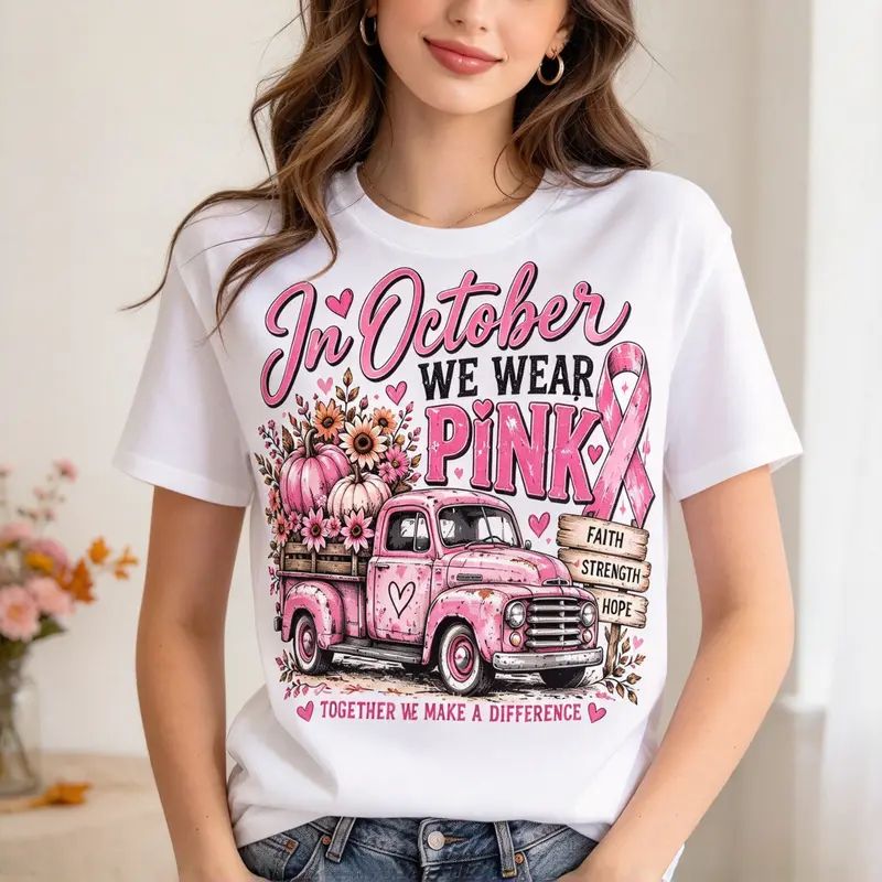 Women's Breast Cancer Awareness Graphic T-Shirt, Pink Ribbon Vintage Truck with Pumpkins and Fall Floral Print Shirt