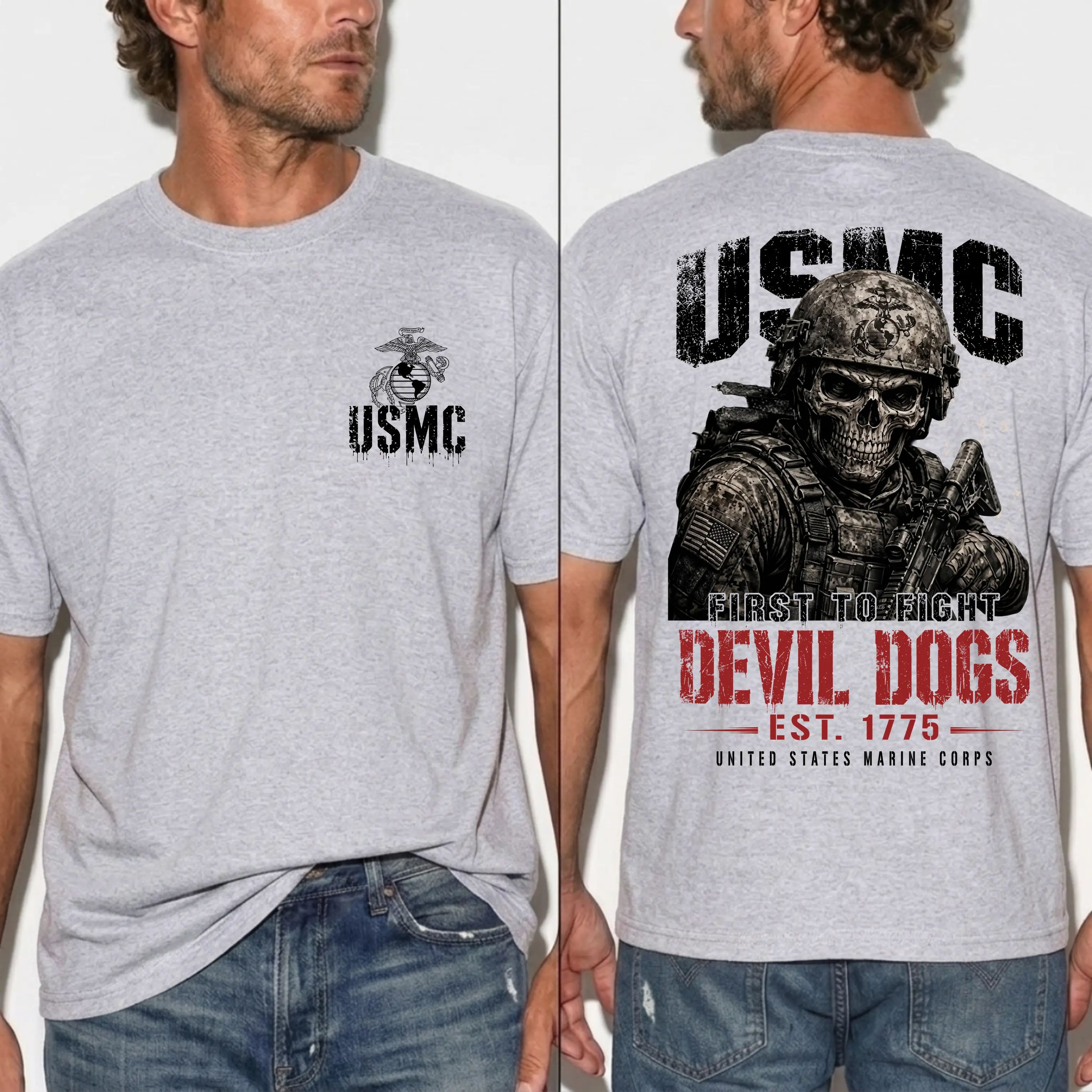 USMC Devil Dogs First To Fight Skull Warrior Graphic T-shirt