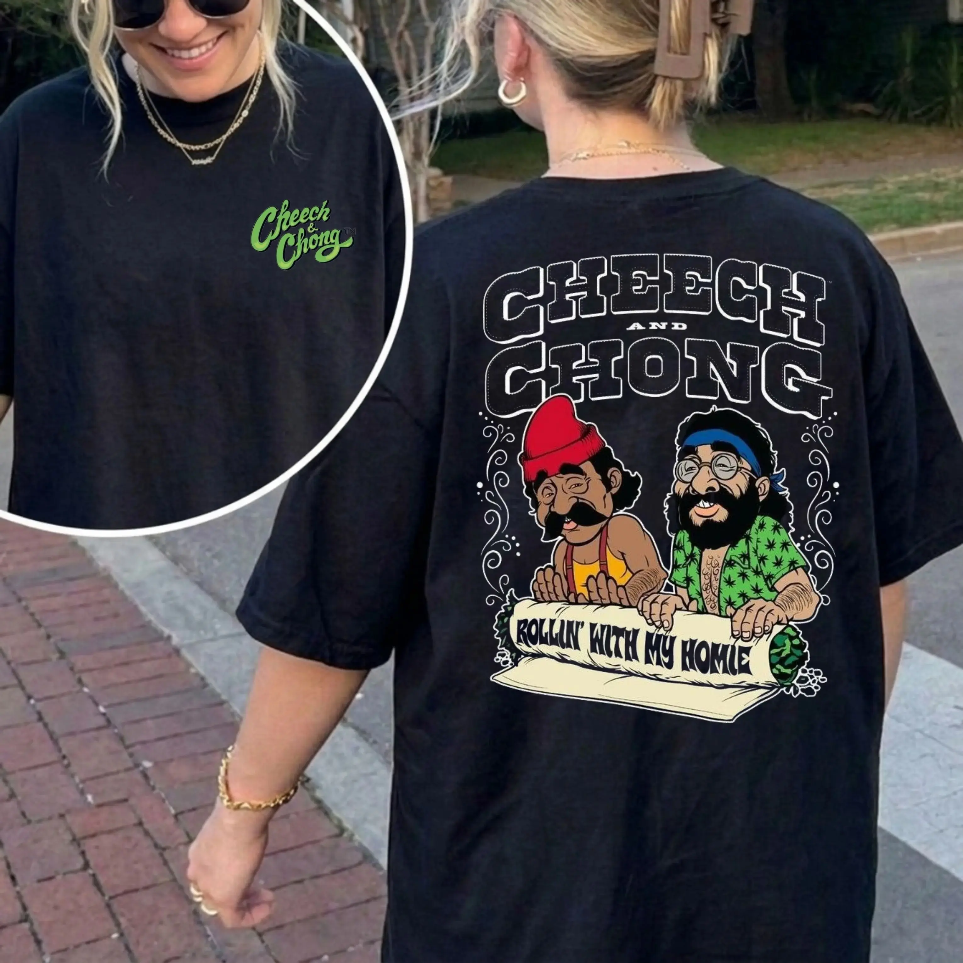 Cheech and Ch0ng Rolling with My Homies Graphic T-Shirt, Retro Comedy Movie Cannabis Humor Tee