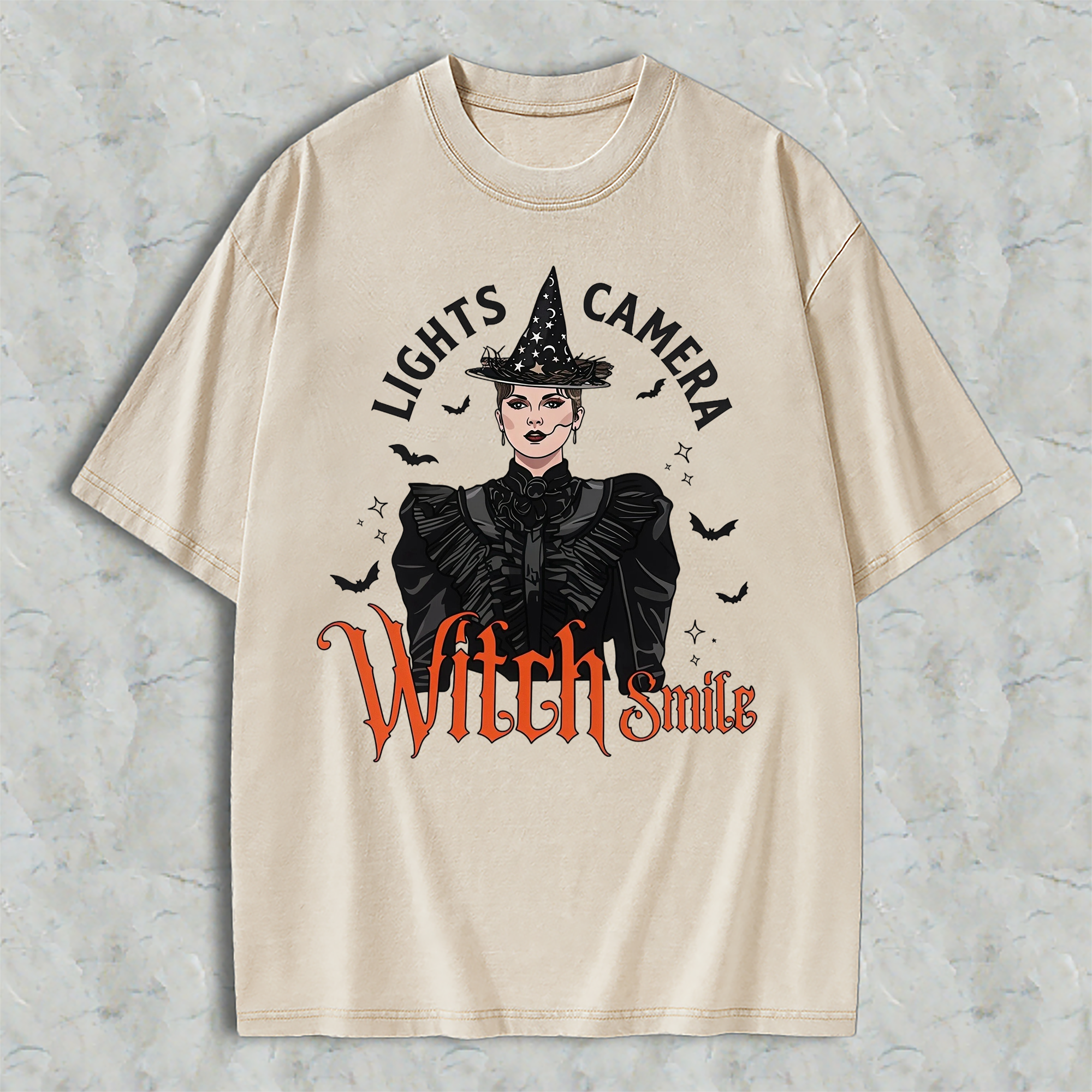 Lights, Camera, Witch Smile! Premium Spooky Season Graphic Washed T-shirt