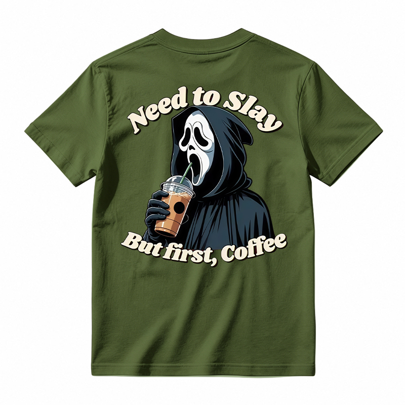 Need To Slay But First Coffee Funny Ghost Face Horror Graphic Tee