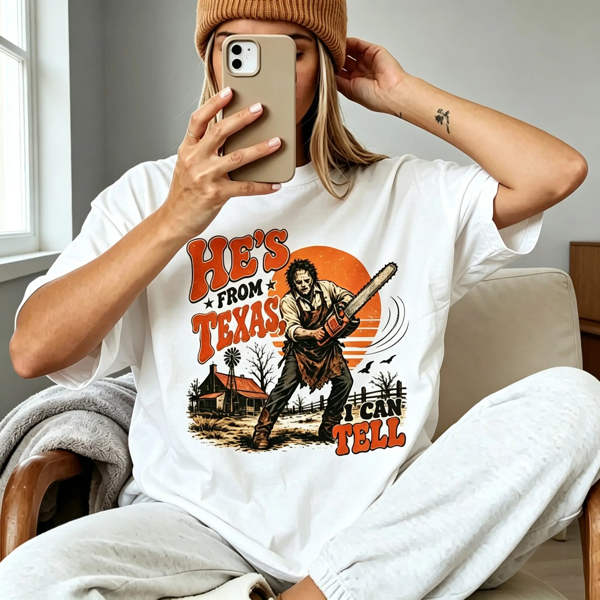 He's From Texas I Can Tell Shirt, Chainsaw Horror Graphic Tee, Retro  Halloween T-Shirt