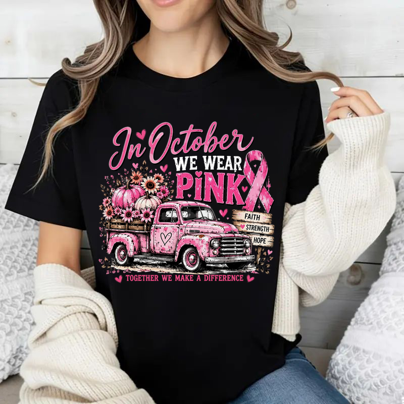 Women's Breast Cancer Awareness Graphic T-Shirt, Pink Ribbon Vintage Truck with Pumpkins and Fall Floral Print Shirt