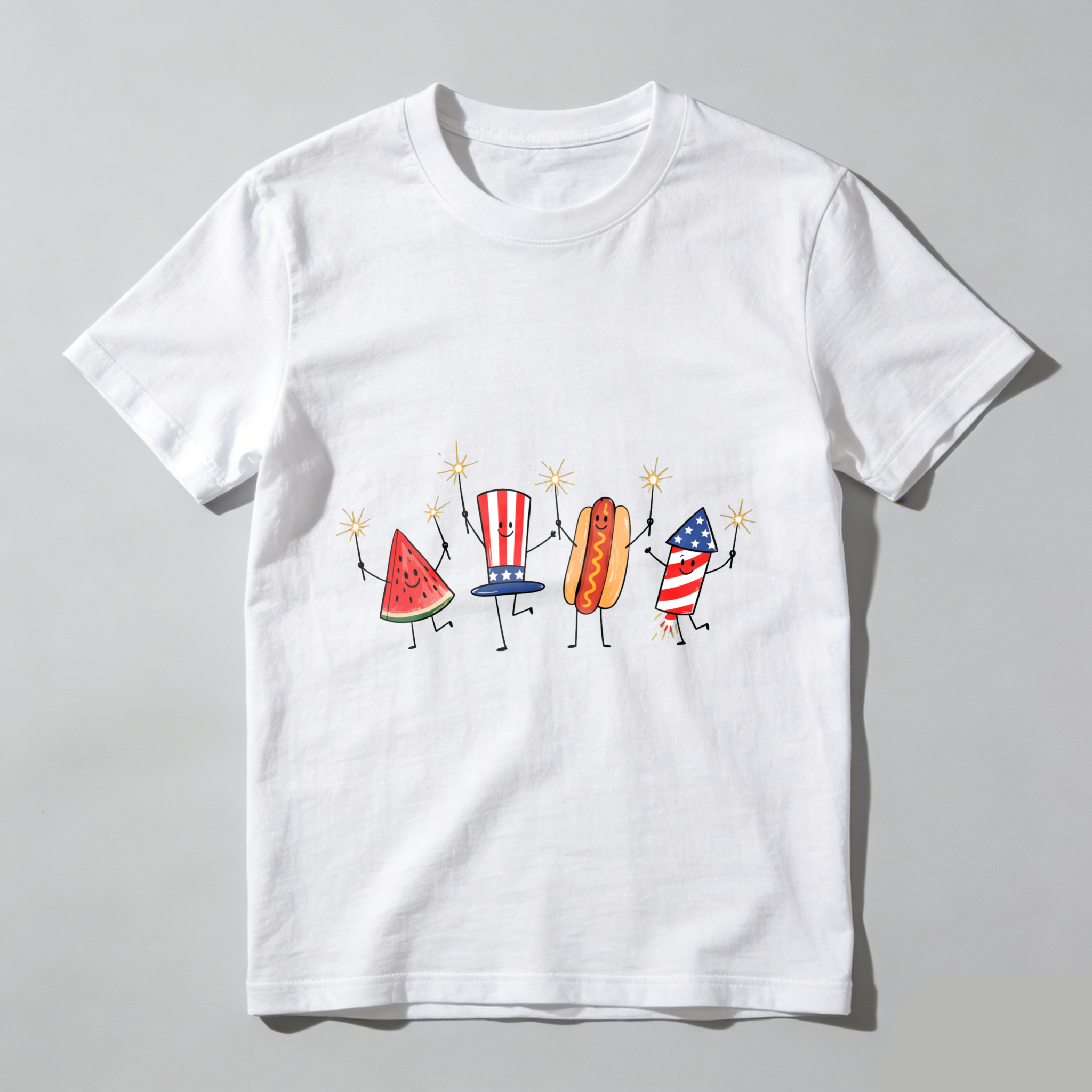 Watermelon Hotdog Firework Patriotic Doodle Fourth of July Shirt