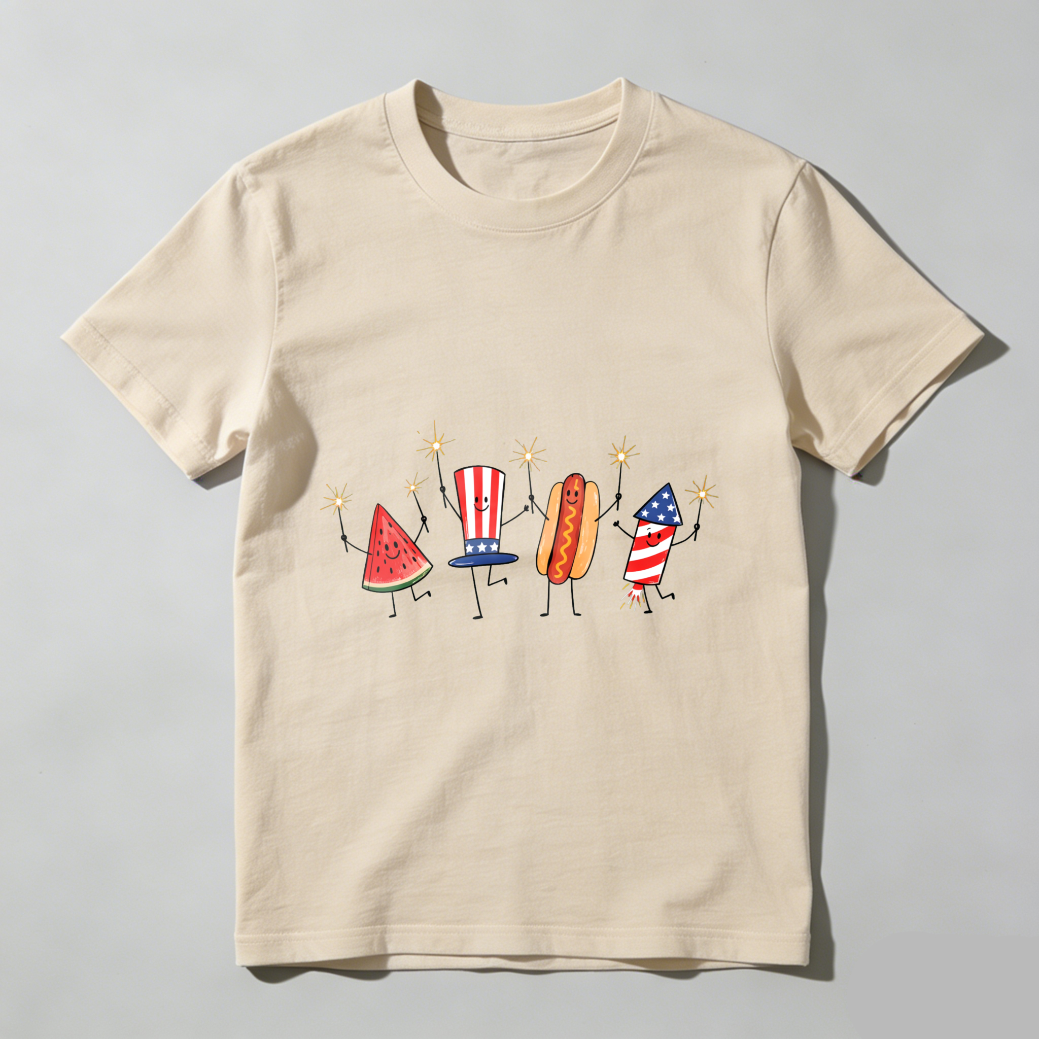 Watermelon Hotdog Firework Patriotic Doodle Fourth of July Shirt