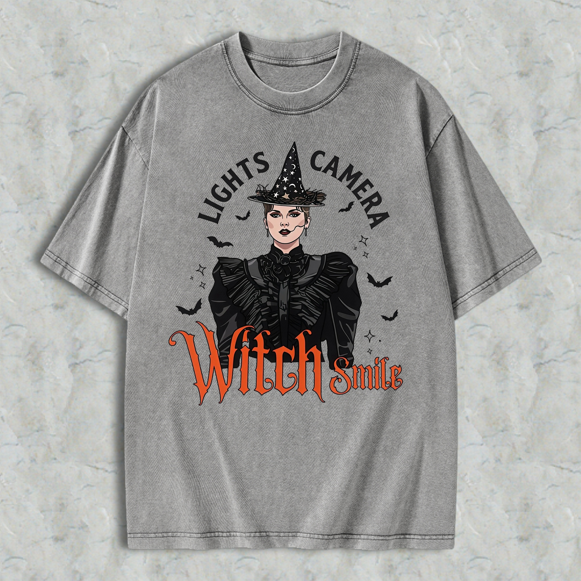 Lights, Camera, Witch Smile! Premium Spooky Season Graphic Washed T-shirt