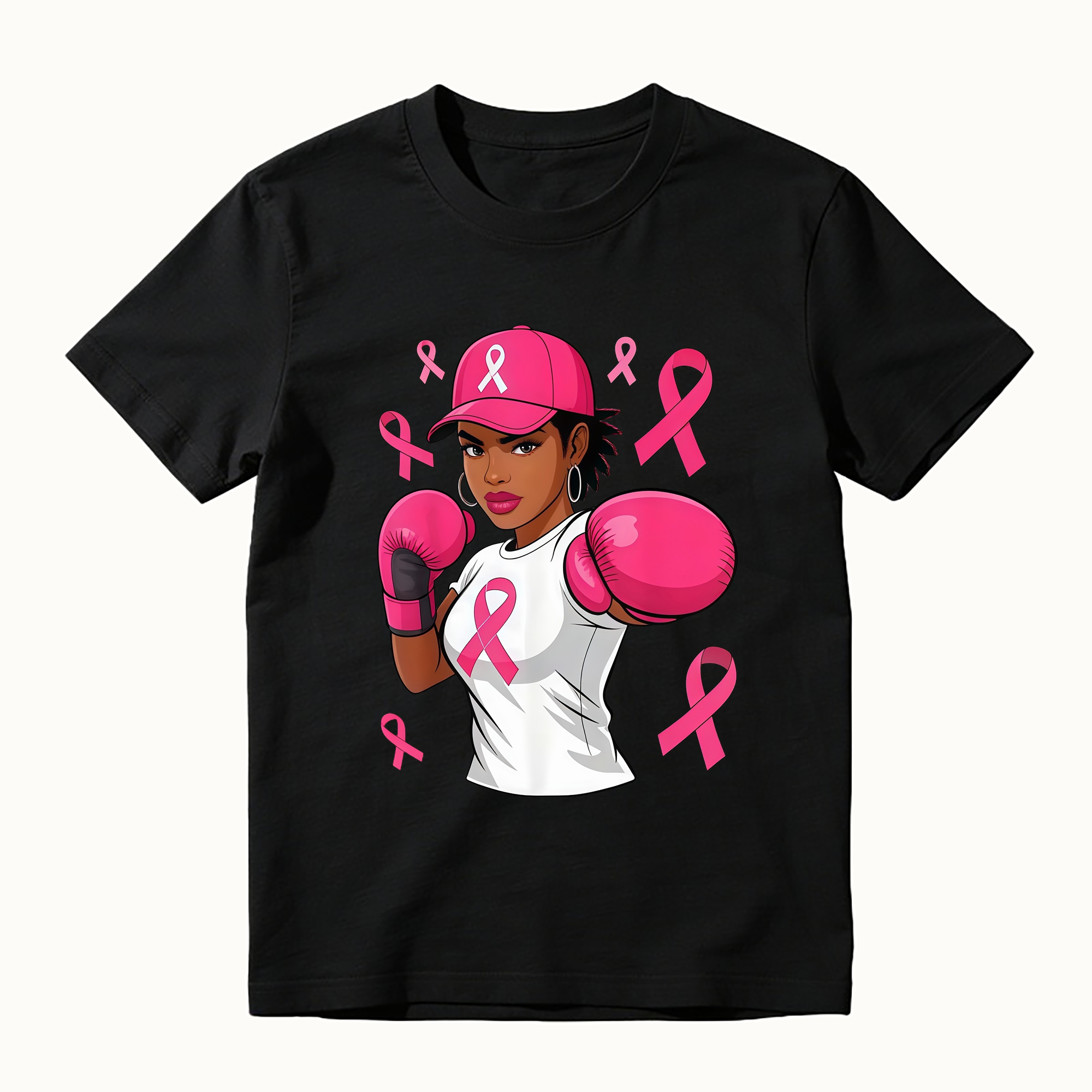 Unisex Women Black African American Fight Breast Cancer Pink Ribbon T-Shirt