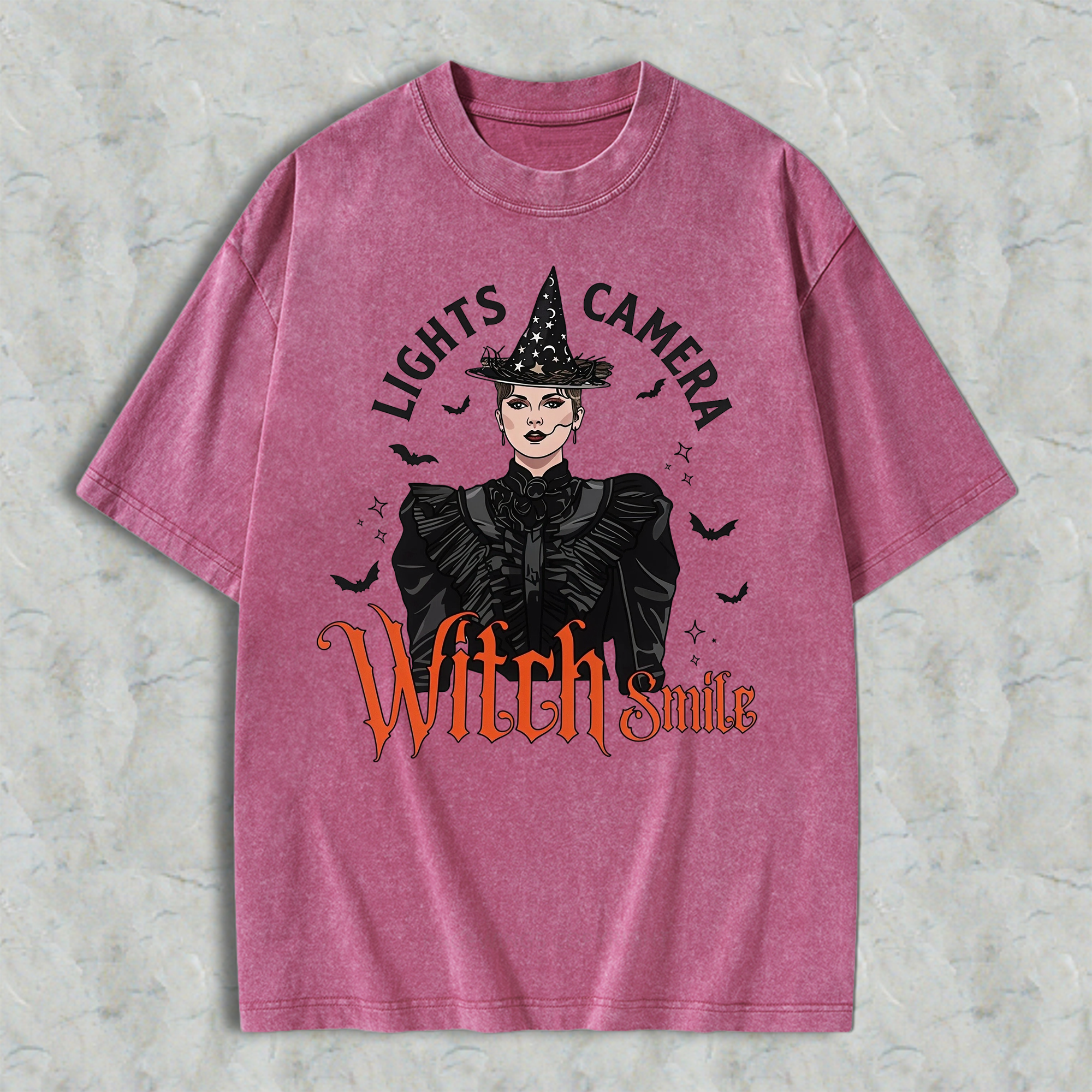 Lights, Camera, Witch Smile! Premium Spooky Season Graphic Washed T-shirt