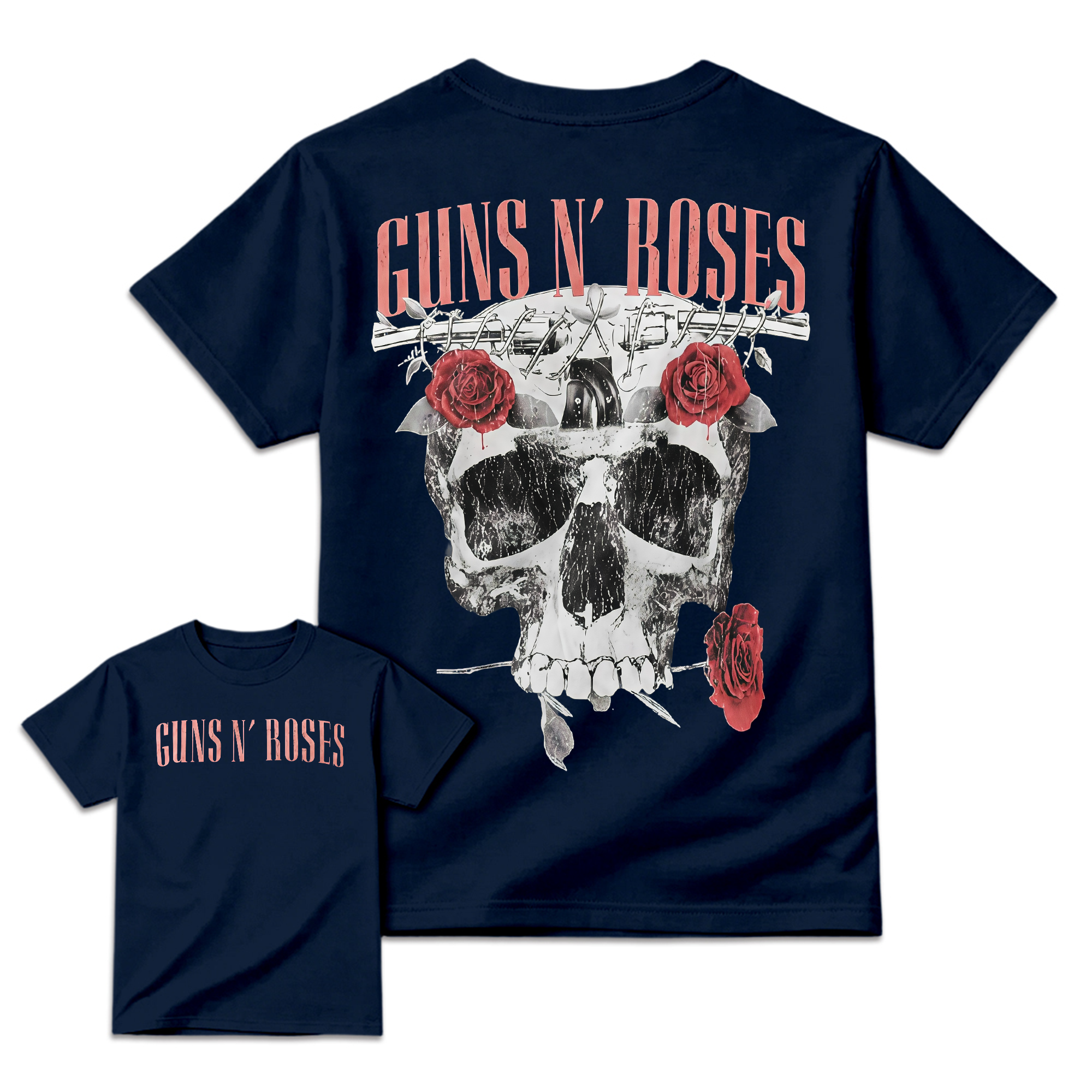Guns N' Roses Black T-Shirt - Front & Back Print Skull and Roses Graphic Tee