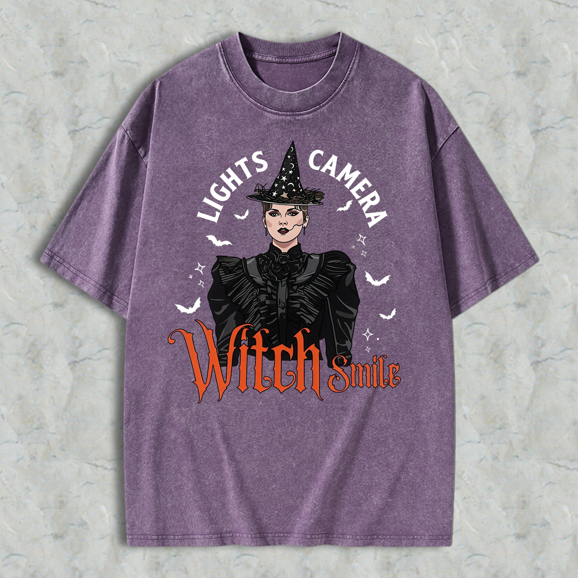 Lights, Camera, Witch Smile! Premium Spooky Season Graphic Washed T-shirt