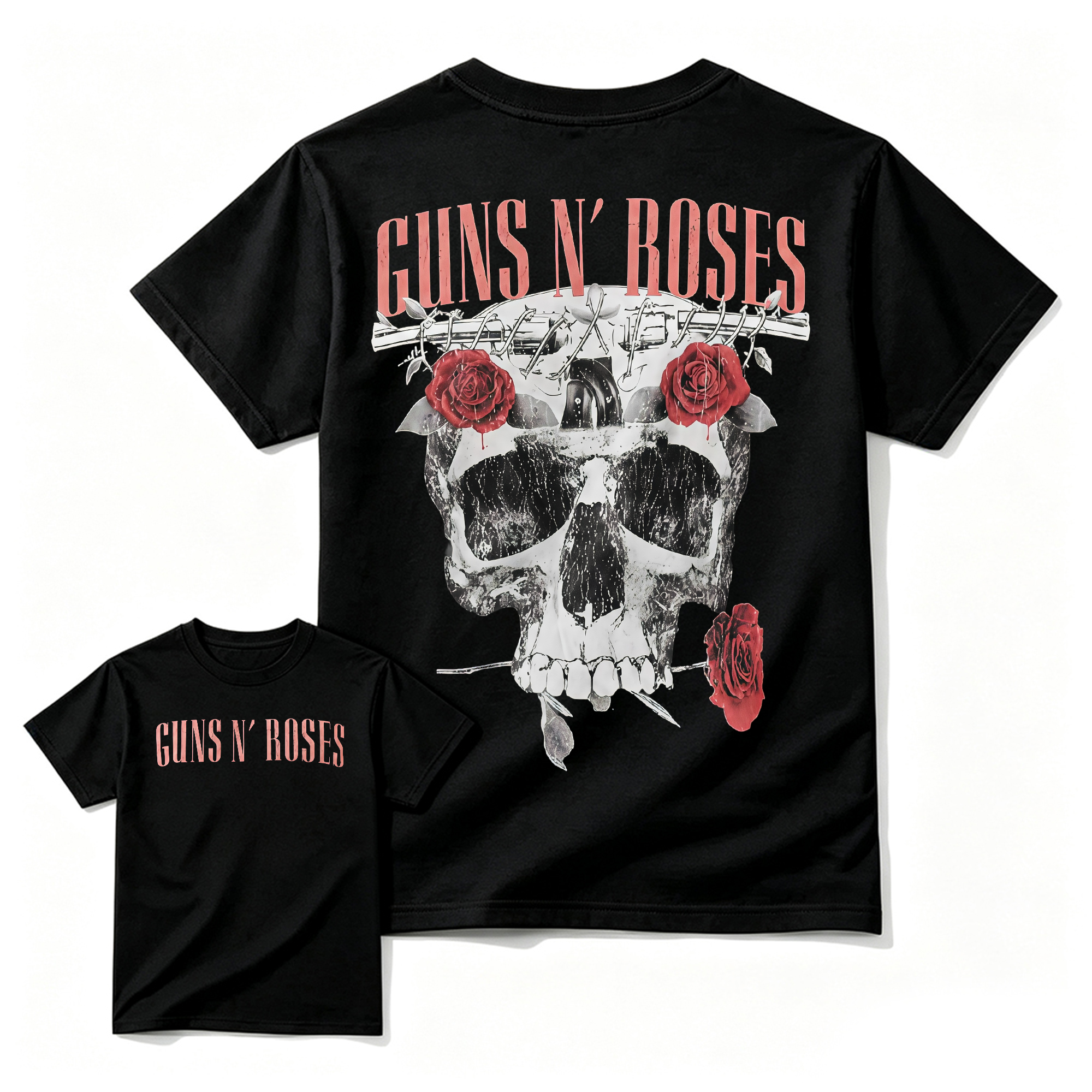 Guns N' Roses Black T-Shirt - Front & Back Print Skull and Roses Graphic Tee