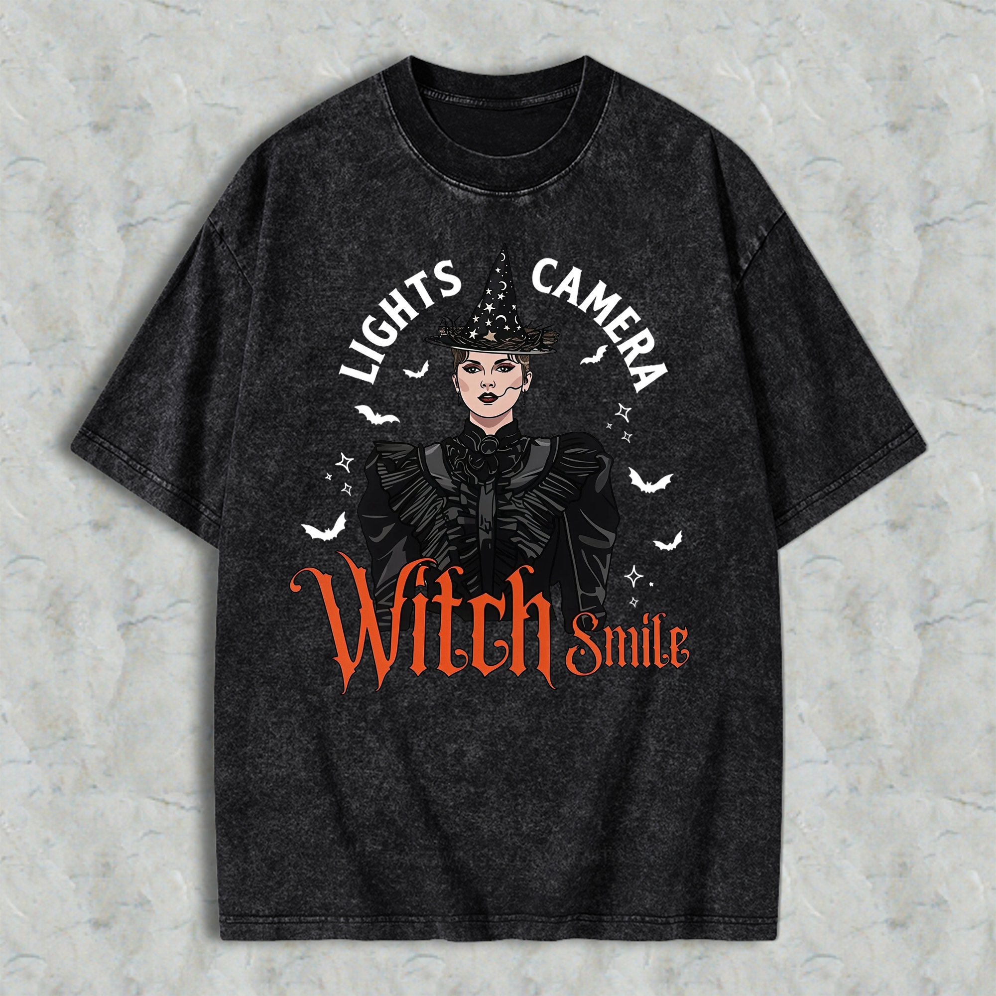 Lights, Camera, Witch Smile! Premium Spooky Season Graphic Washed T-shirt