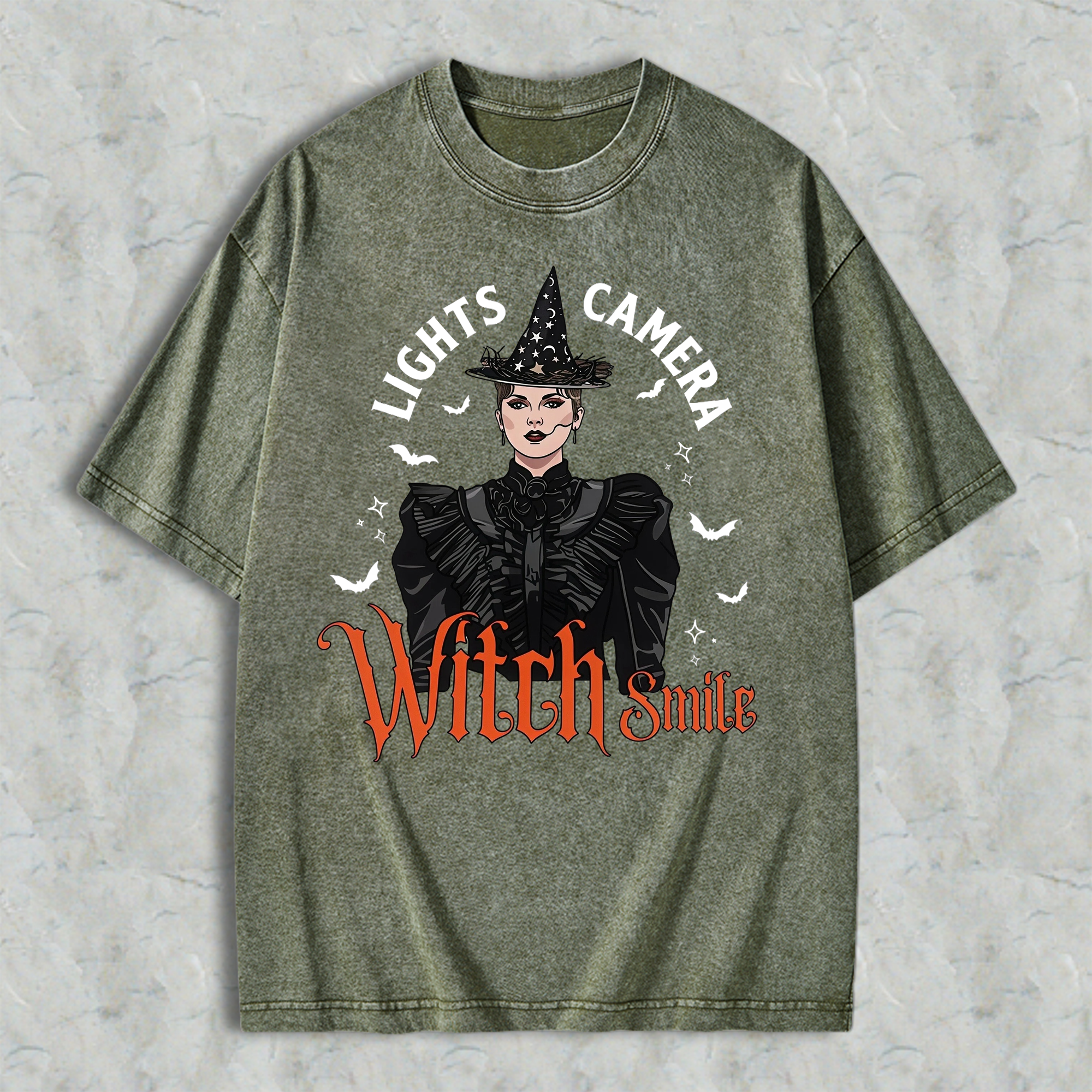 Lights, Camera, Witch Smile! Premium Spooky Season Graphic Washed T-shirt