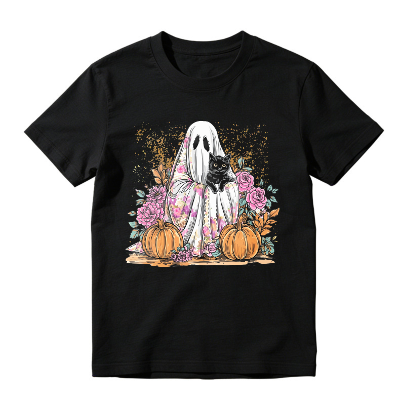 Ghost Holding Black Cat With Pumpkins And Roses, Unisex Classic T-shirt