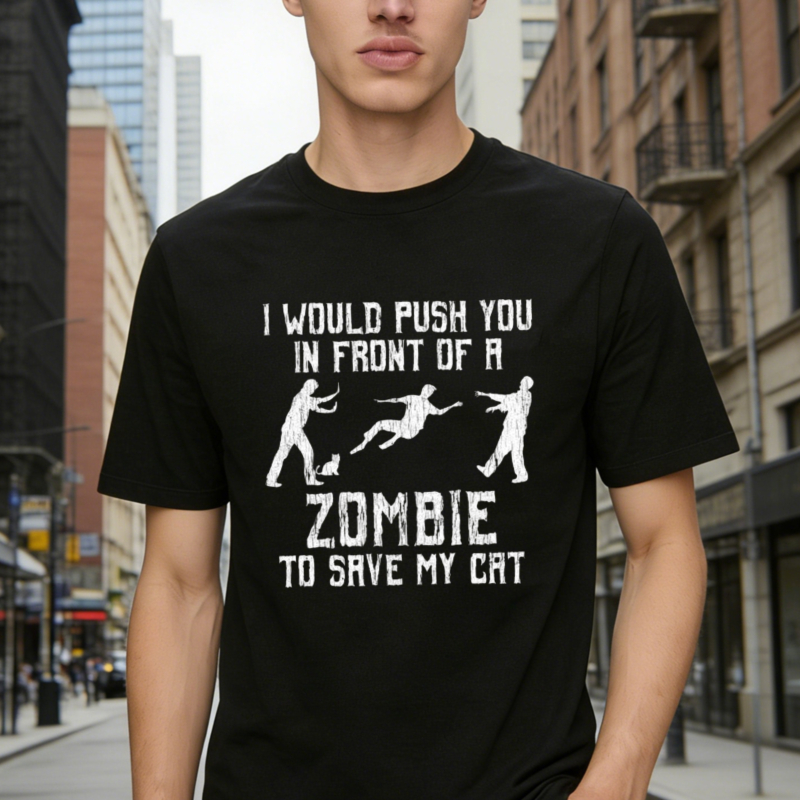 I Would Push You In Front Of A Zombie To Save My Cat Funny Graphic T-shirt