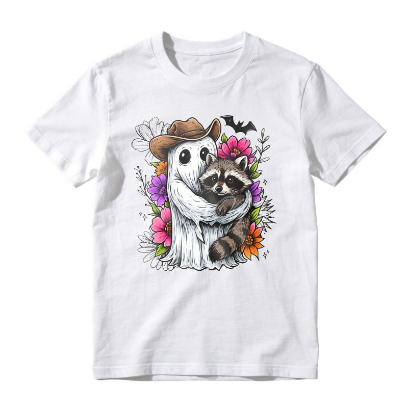 Cute Ghost Wearing Cowboy Hat Hugging Raccoon With Colorful Flowers And Bat, Unisex Classic T-shirt