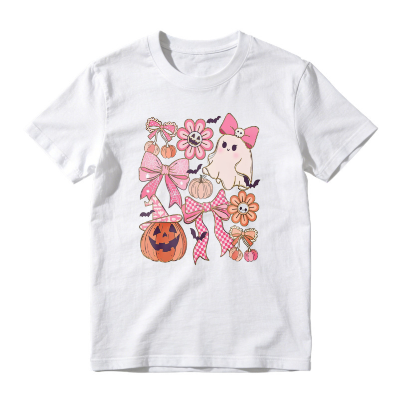 Cute Halloween Ghost Pumpkin And Pink Bow Floral Pattern, Unisex Classic T-shirt