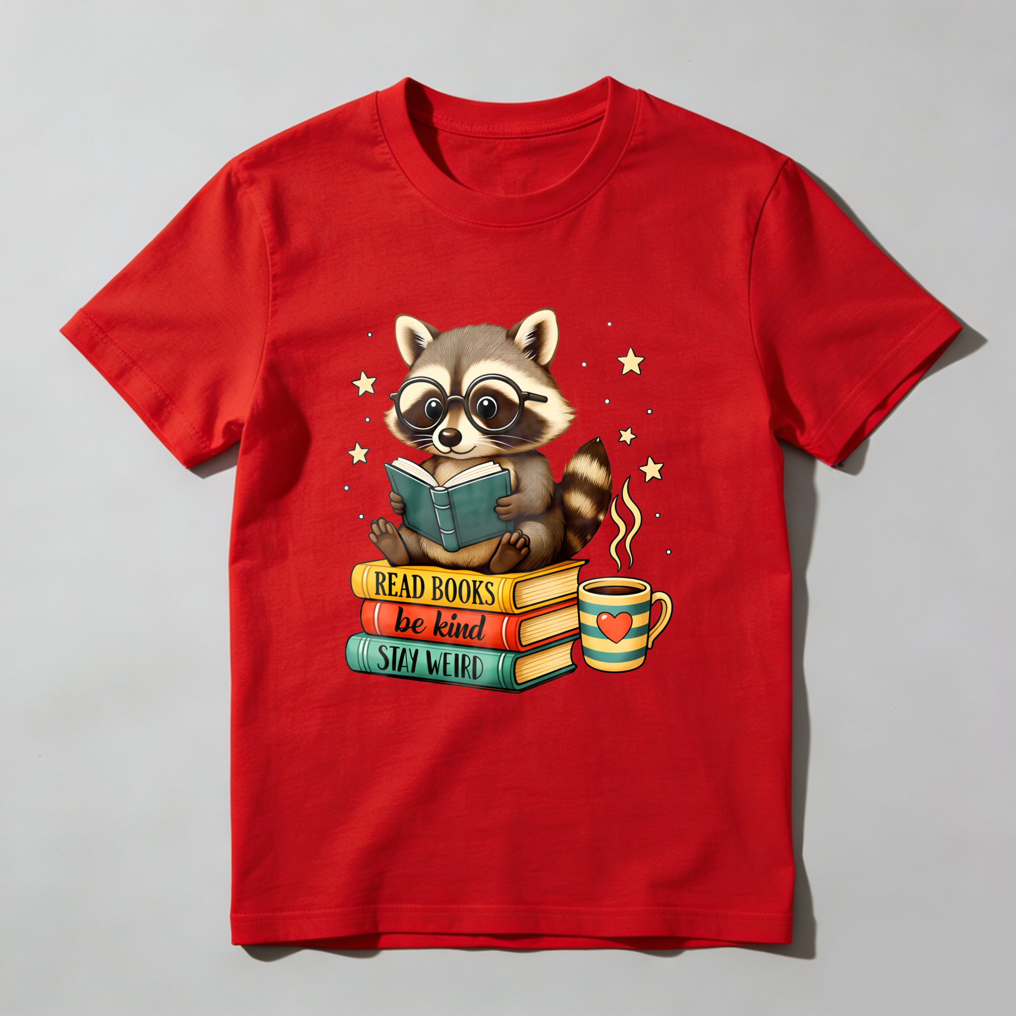 Wardrobecart Raccoon Reading Books With Coffee And Stars Tshirt