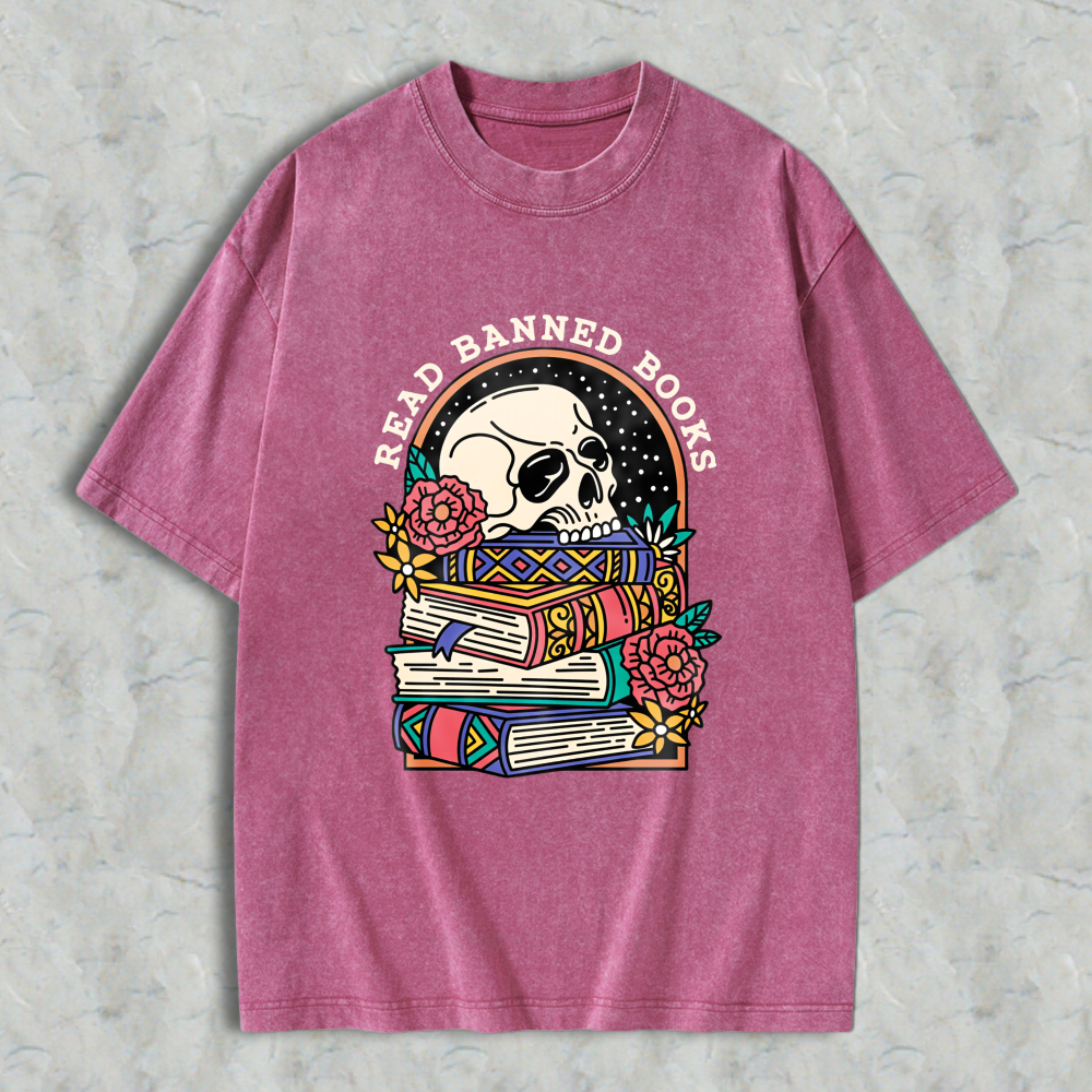 Wardrobecart Skull And Books With Flowers Read Banned Books Unisex Washed T-shirt