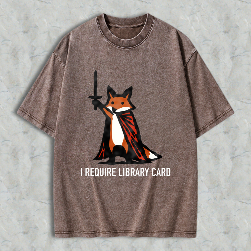 Wardrobecart Fox With Cape And Text I Require Library Card Unisex Washed T-shirt