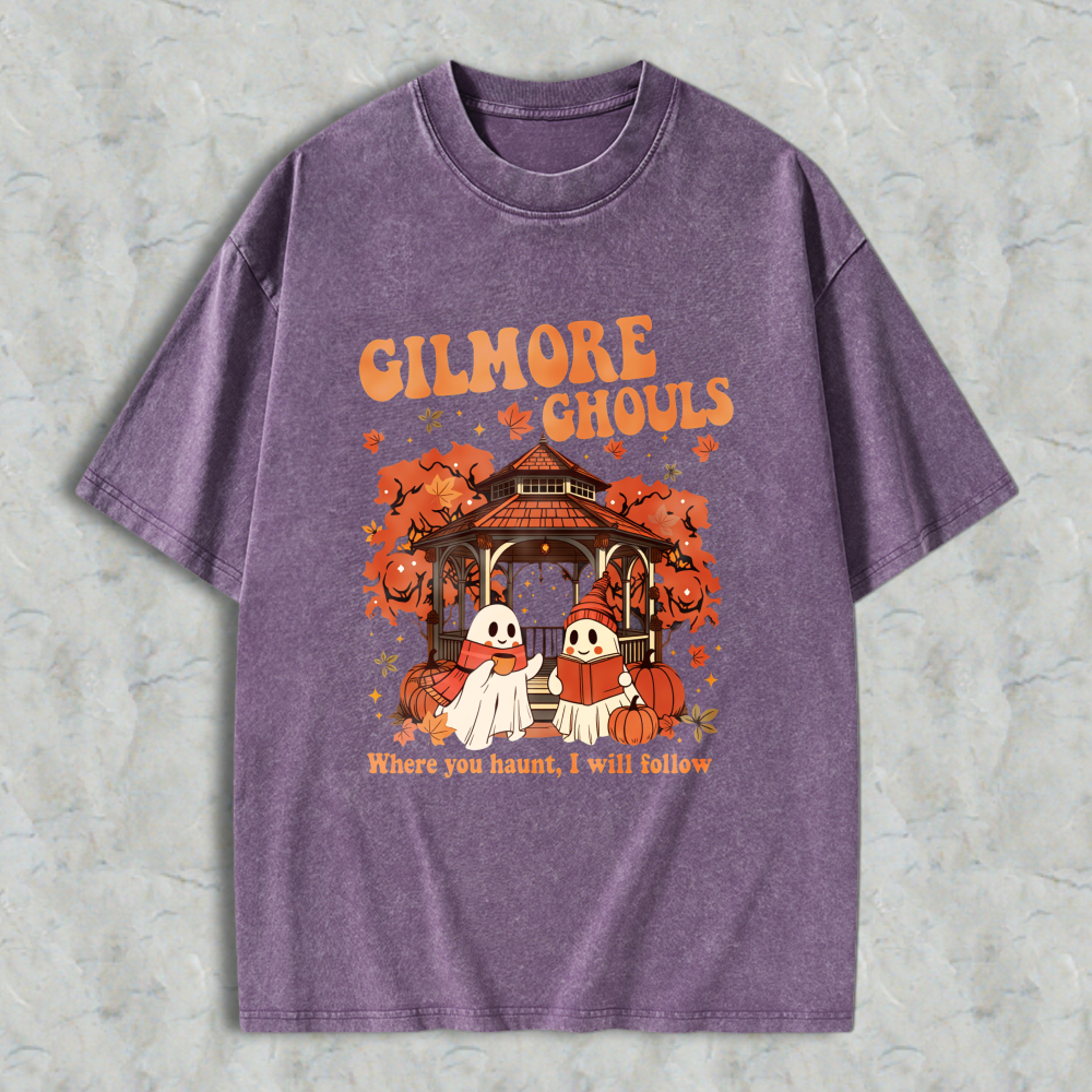 Wardrobecart Gilmore Ghouls Halloween Ghosts And Pumpkin House Design Unisex Washed T-shirt