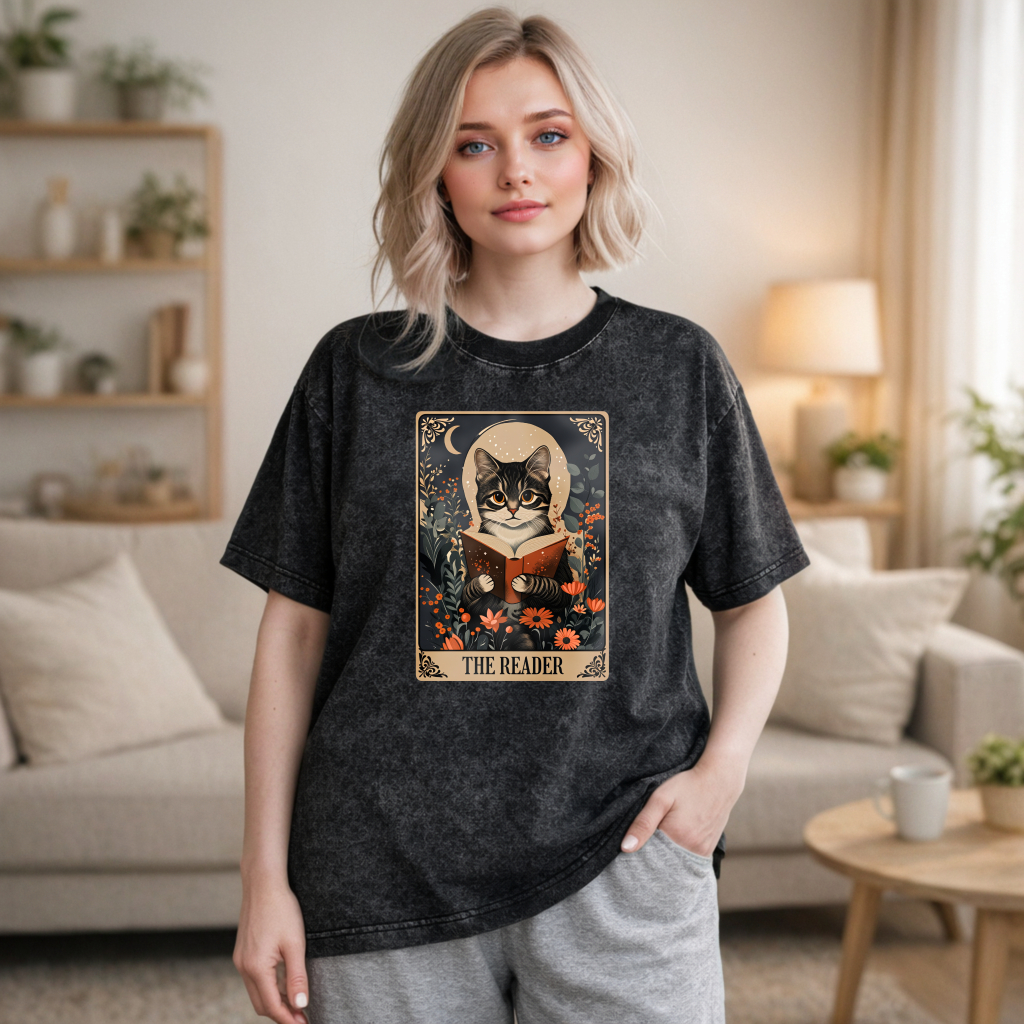 Wardrobecart Cat Reading Book With Floral Background And Moon The Reader Unisex Washed T-shirt