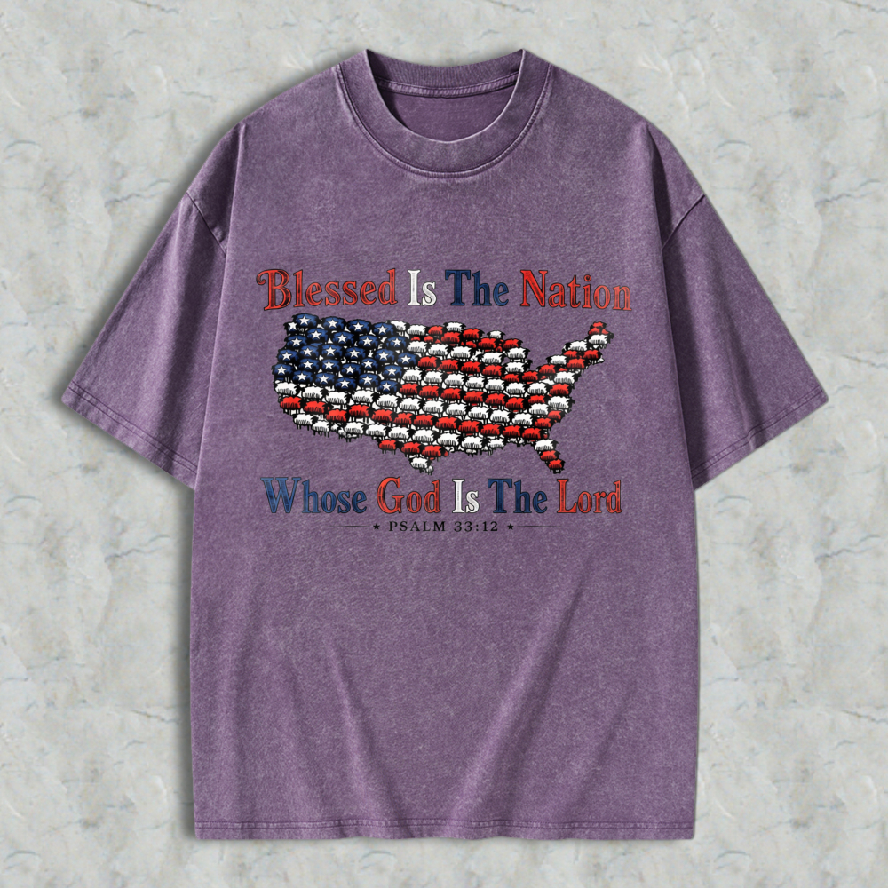 Blessed Is The Nation Whose God Is The Lord American Flag Map Design Washed T-shirt