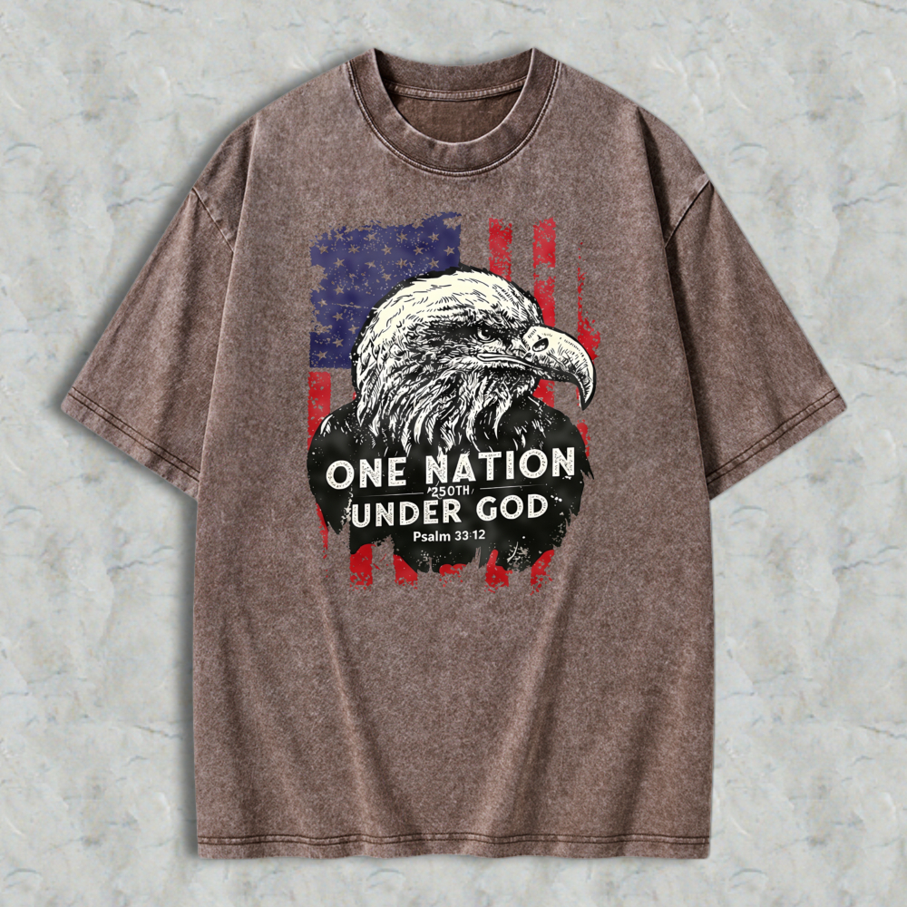 Eagle And American Flag With One Nation Under God Text Washed T-shirt